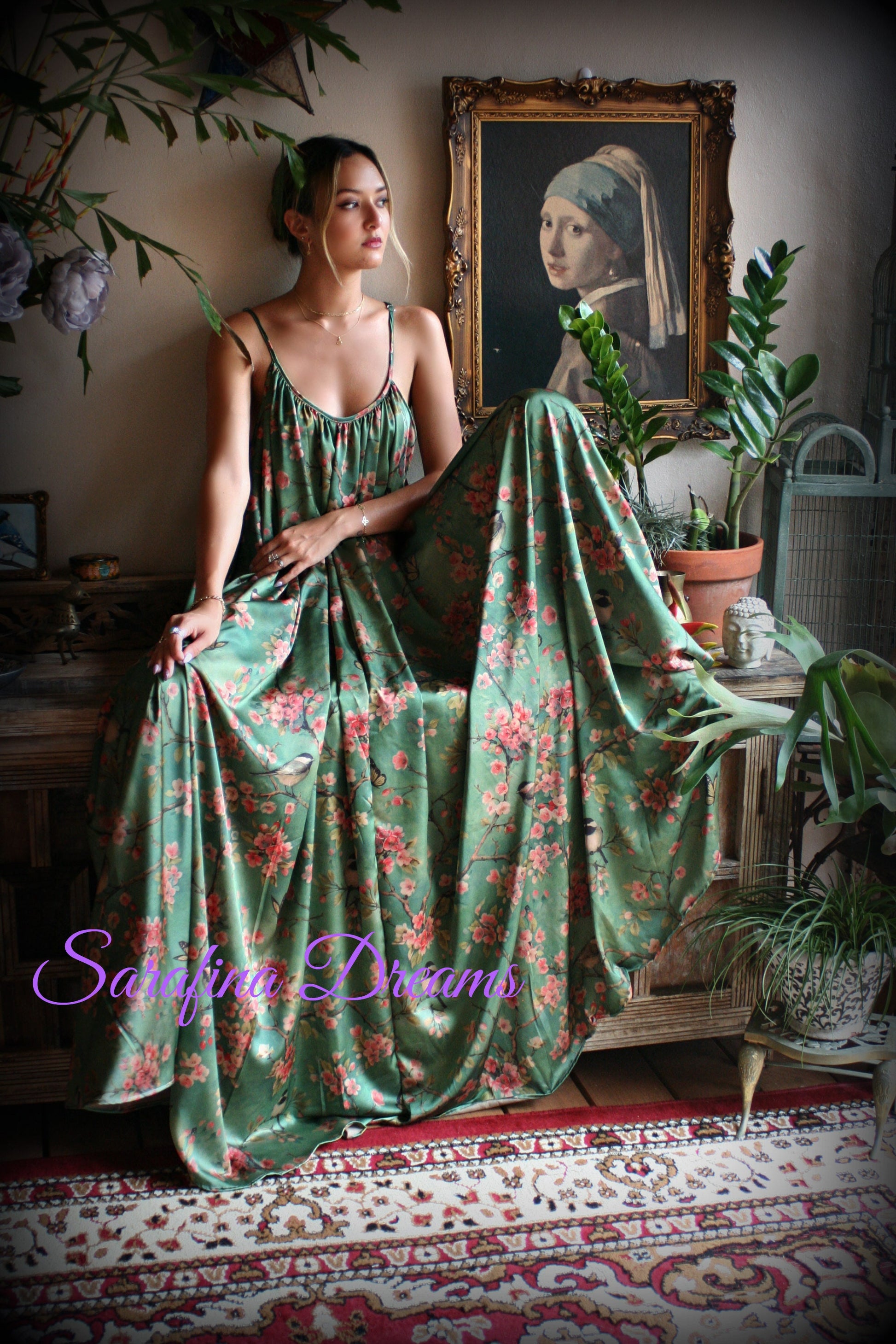 Satin Bridal Nightgown Bird Print Bohemian Chic Satin Lingerie Satin Bridal Honeymoon Sleepwear Green Satin Nightgown Bridal Lingerie