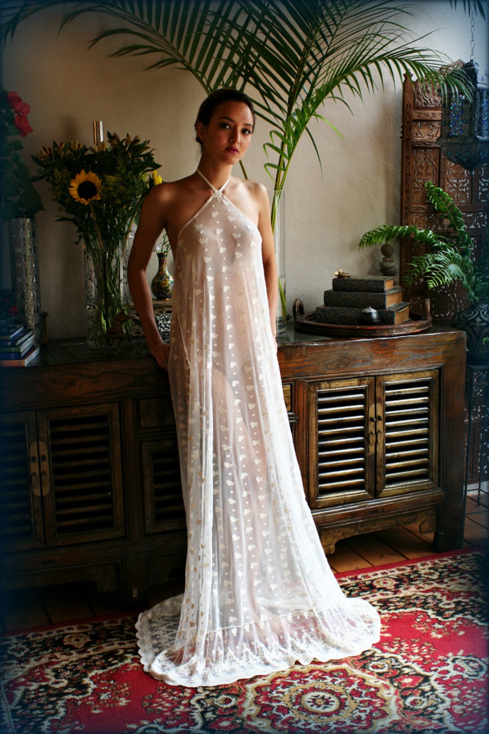 Bridal Nightgown Embroidered Lace Halter Backless Gown Wedding Sleepwear Lingerie Bridal Lingerie Honeymoon French Lace Ivory Lace