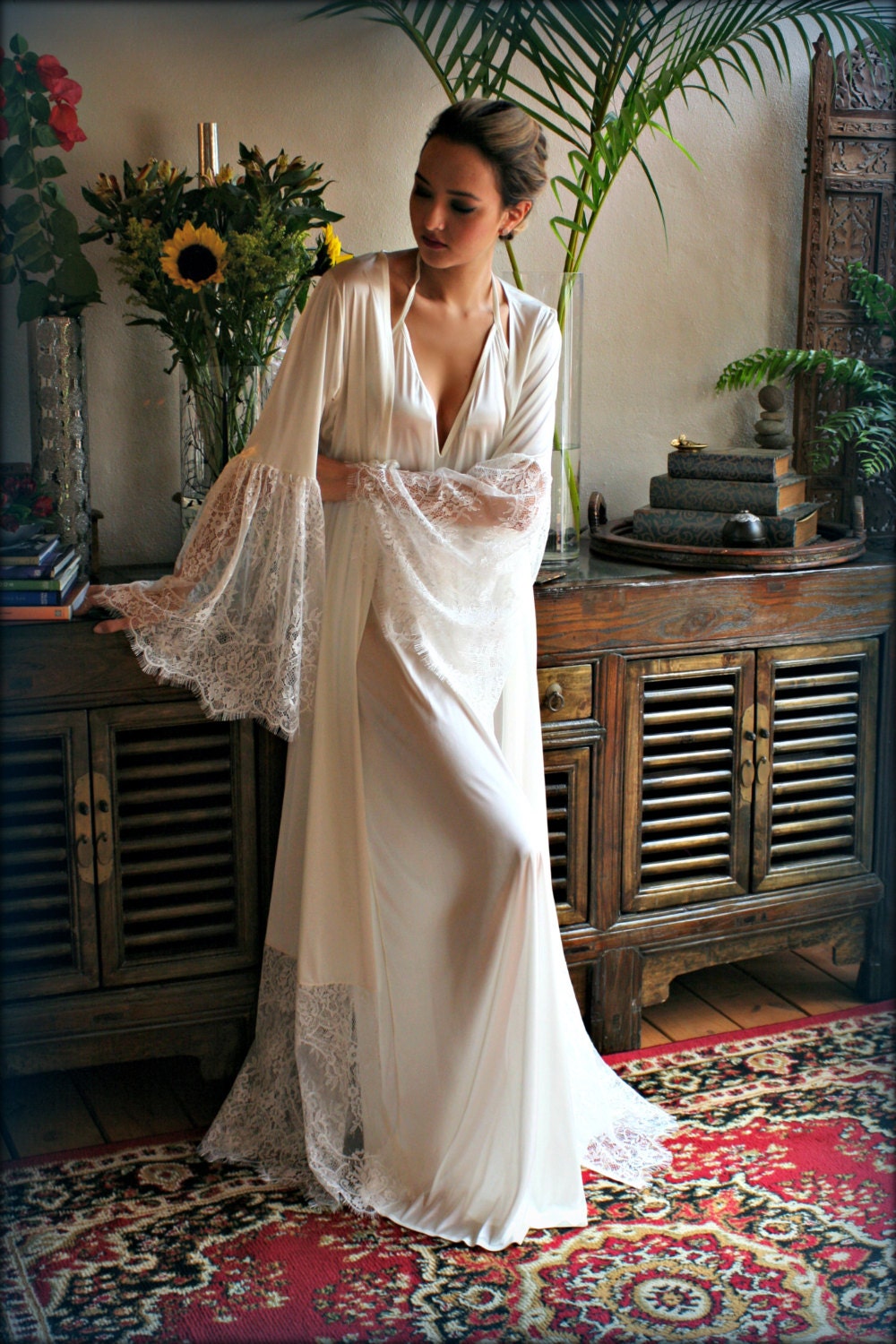 Satin Bridal Robe Lace Trimmed Angel Sleeve Wedding Sleepwear Bridal Lingerie Wedding Kimono Robe Satin Lingerie Wedding Robe