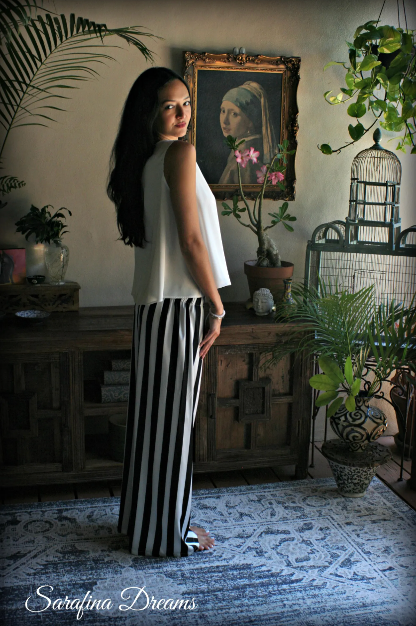 Black and white stripe satin pajama tank and wide leg pant