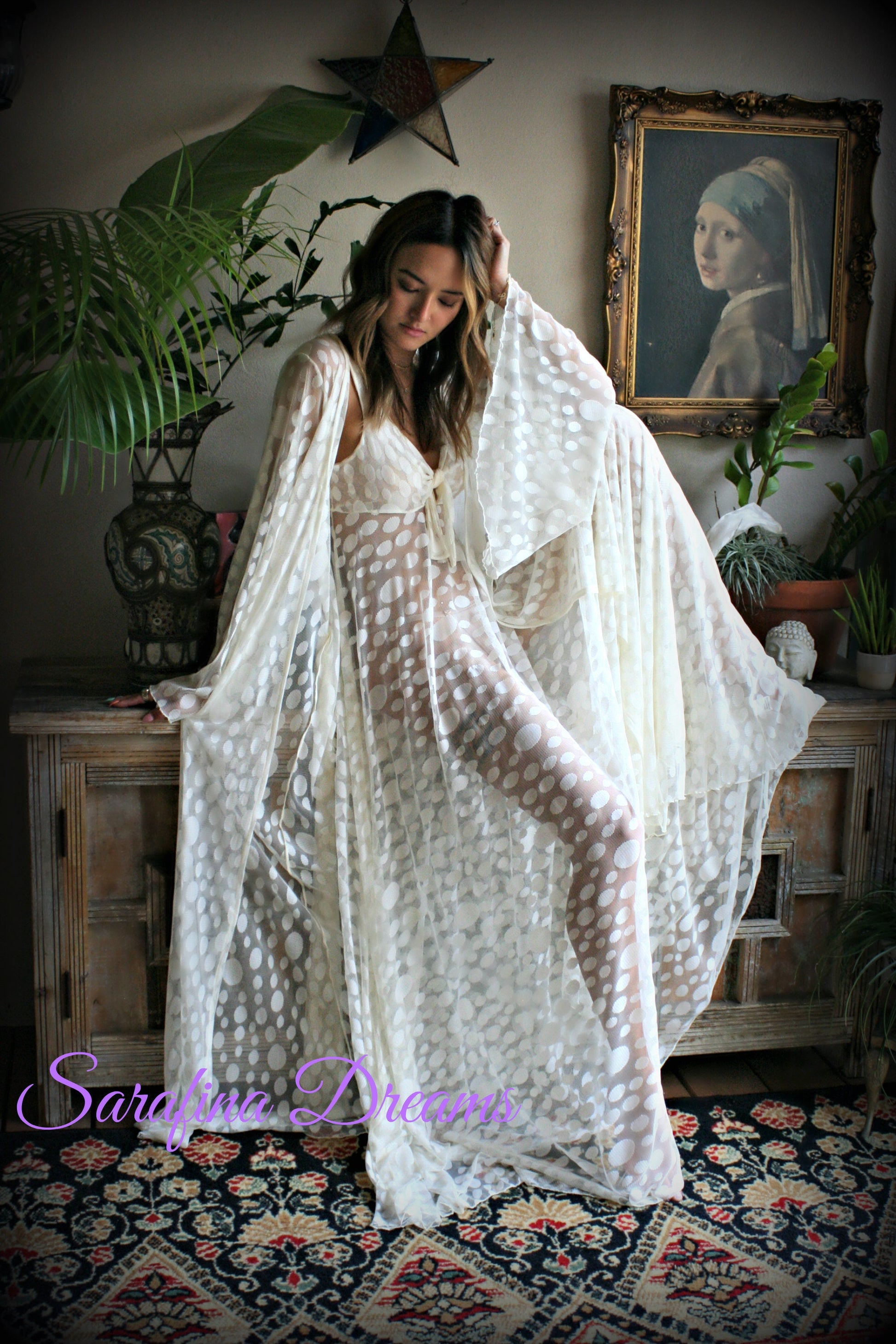 Ivory Lace Bridal Robe Wedding Lingerie Mesh Lace Bridal Lingerie Bridal Sleepwear Dotted Ivory Lace Wrap Robe Wedding Sleepwear