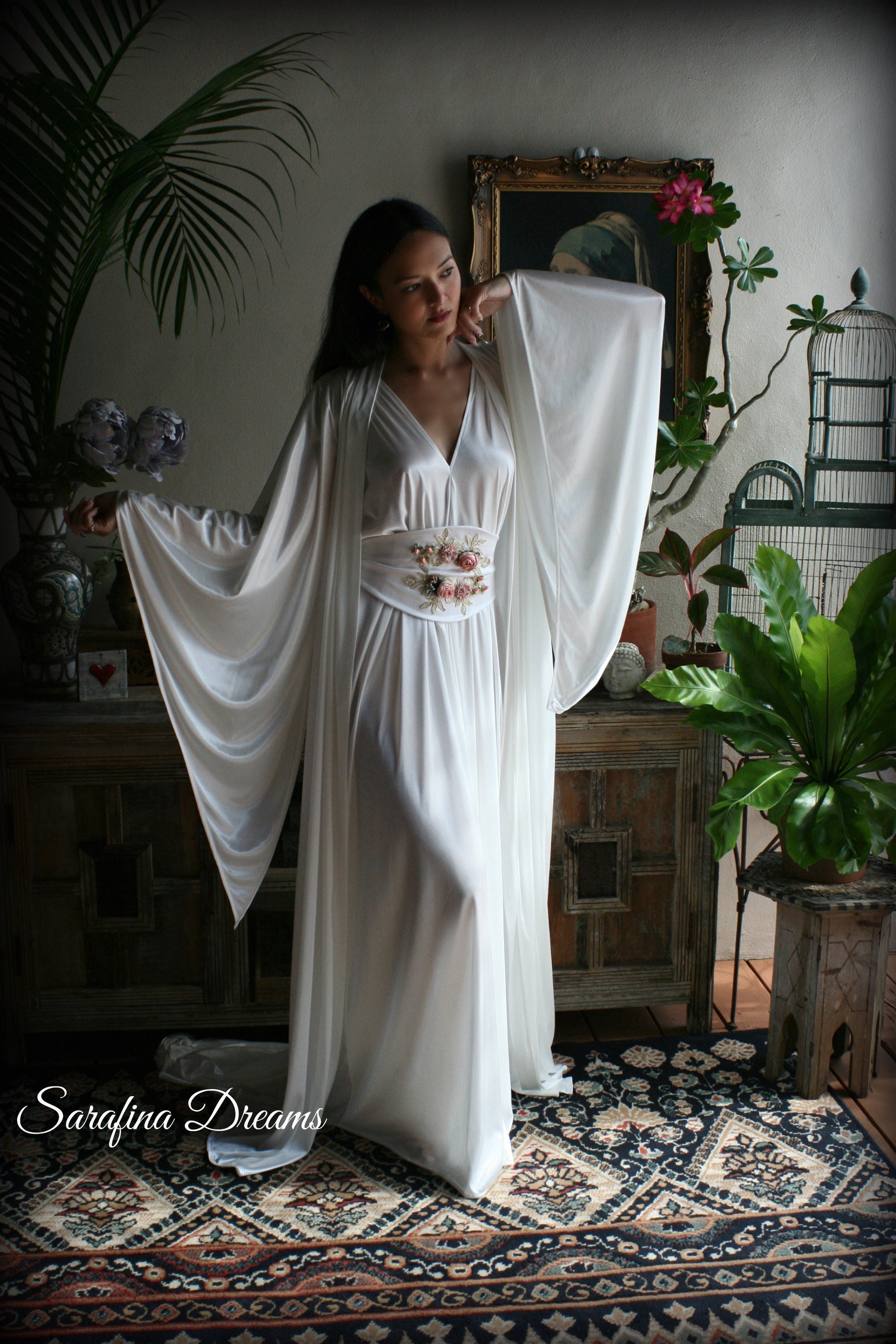 Satin Bridal Robe Angel Wing Sleeve Bridal Lingerie Wedding Sleepwear Bridal Satin Kimono Robe Wedding Apparel Bridal Kimono