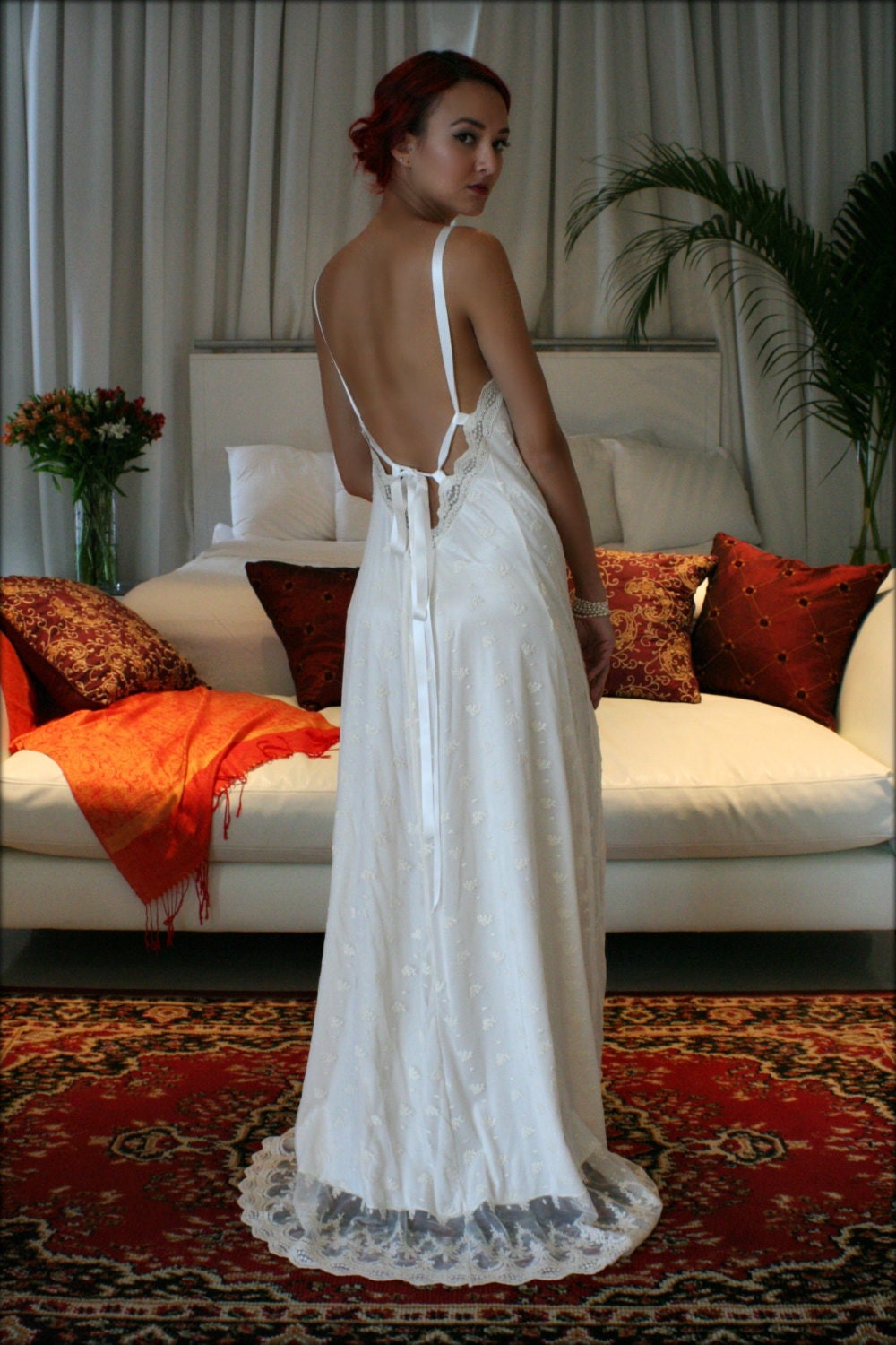 Lace Bridal Nightgown Bridal Lingerie Lace Satin Backless Wedding Lingerie Wedding Nightgown Sleepwear Embroidered French Lace Gown