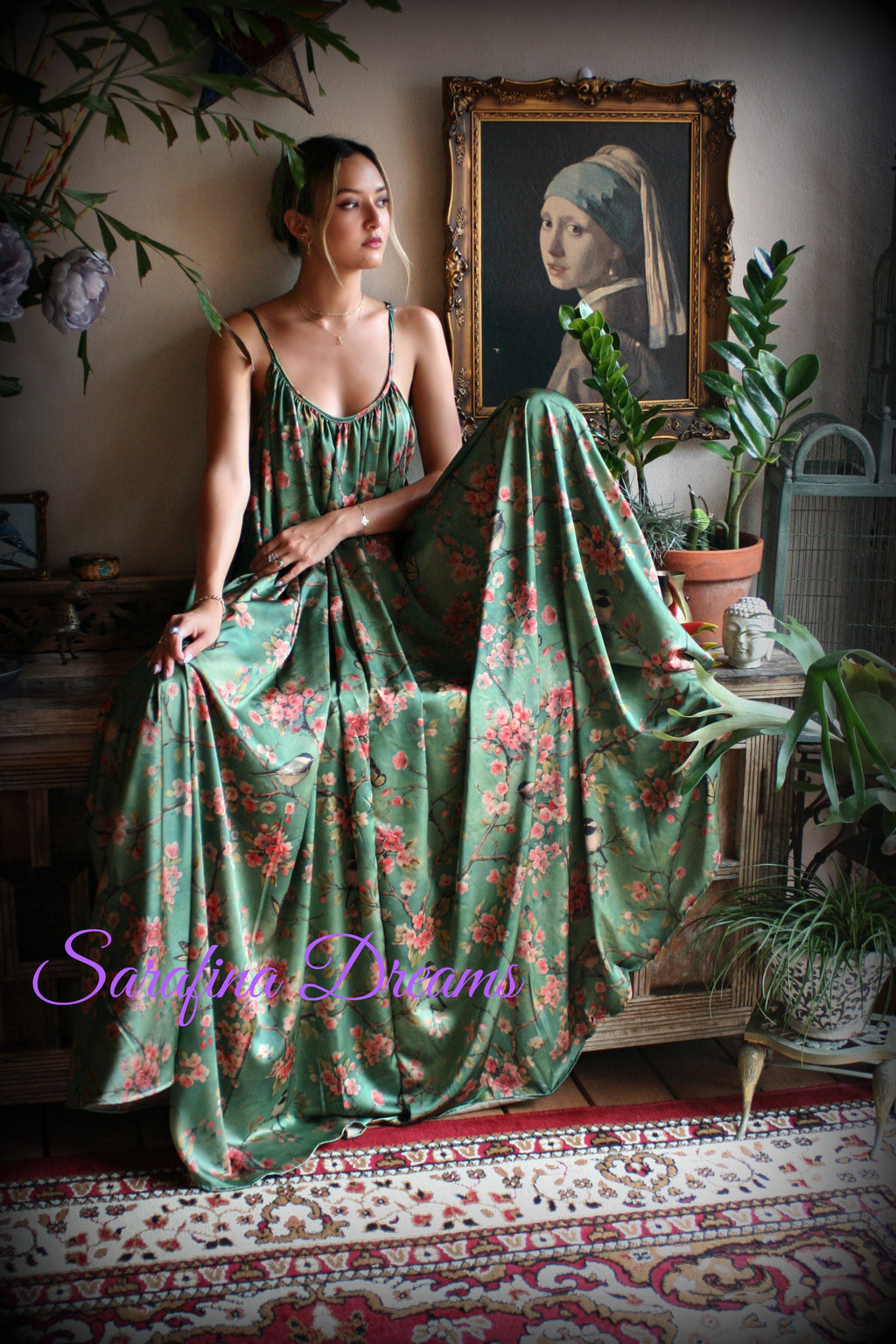 Satin Bridal Nightgown Bird Print Bohemian Chic Satin Lingerie Satin Bridal Honeymoon Sleepwear Green Satin Nightgown Bridal Lingerie