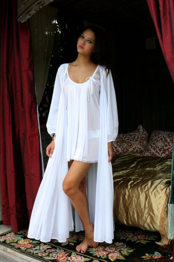 Bridal Lingerie Robe Wedding White Nylon Peignoir Peasant Sleeve Full Sweep Tie Front Dressing Gown