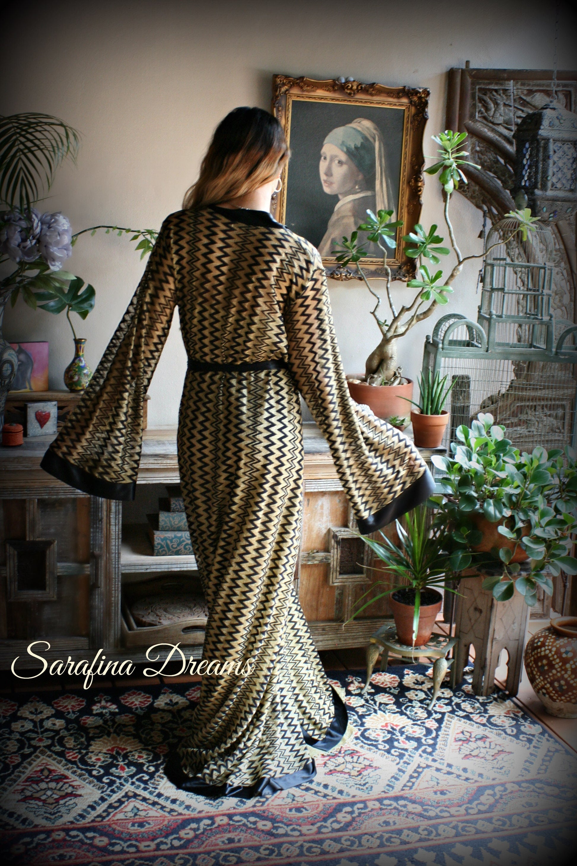 Black Gold Metallic Kimono Robe Black Satin Banded Missoni Style Knit Wrap Lingerie Robe Sleepwear