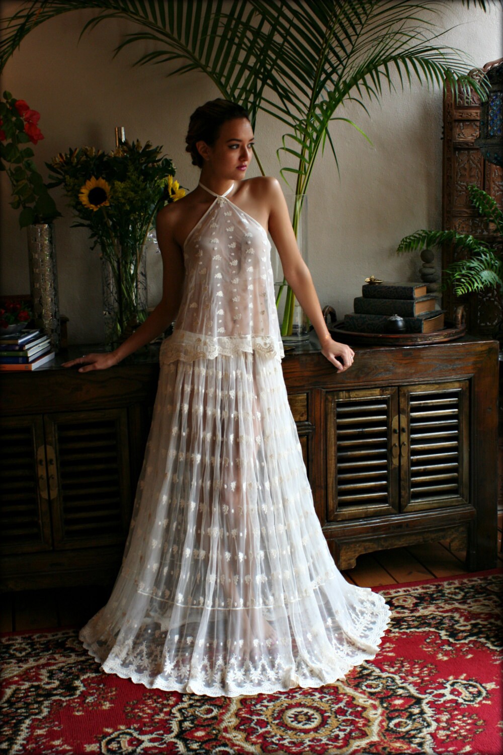 Bridal Embroidered Halter Top and Skirt Set Beach Wedding Lingerie Lace Sleepwear Honeymoon Sleepwear Bridal Lingerie