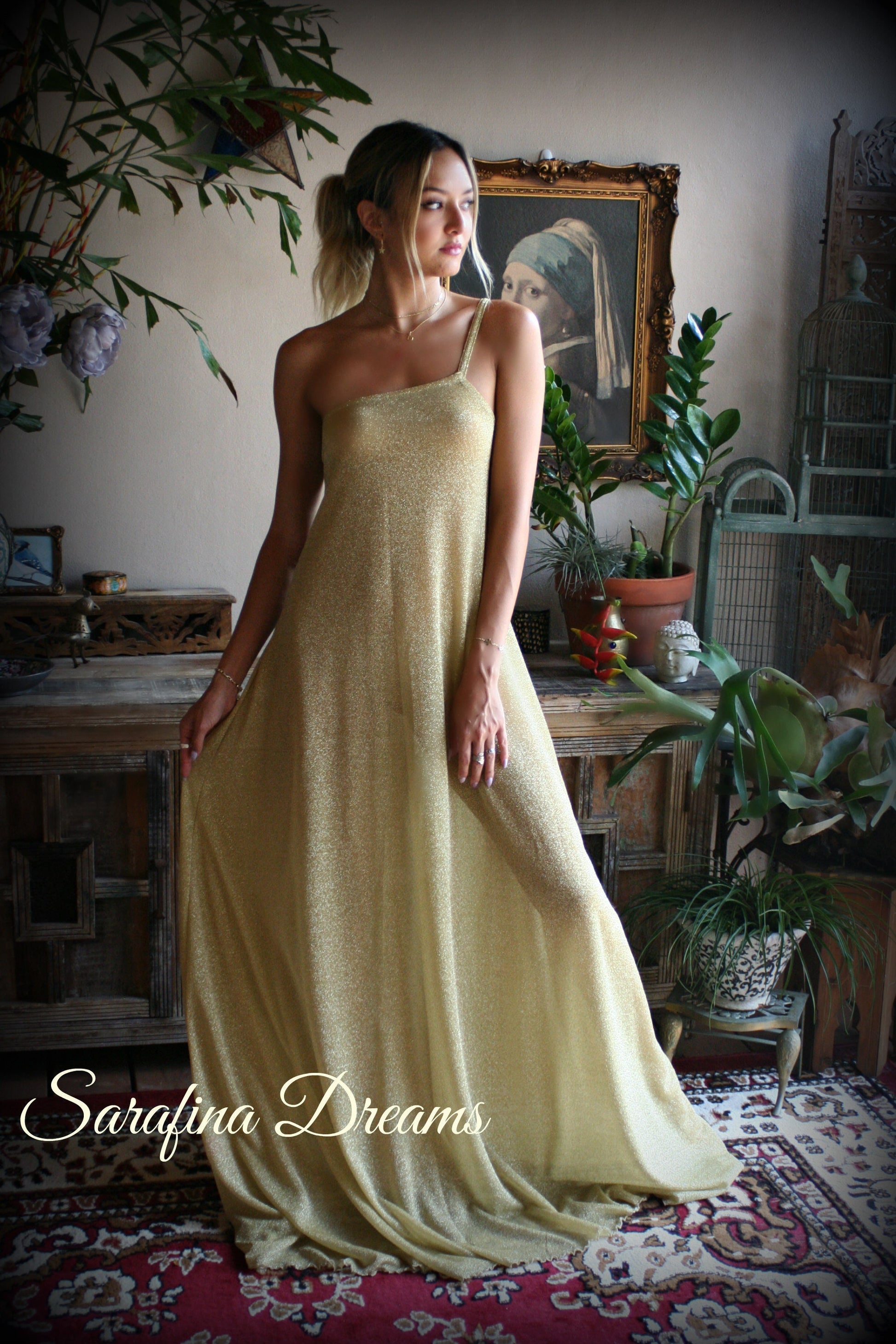 Gold Lame' One Shoulder Nightgown Gold Knit Sleepwear Off Shoulder Lingerie Bridal Sleepwear Bridal Lingerie