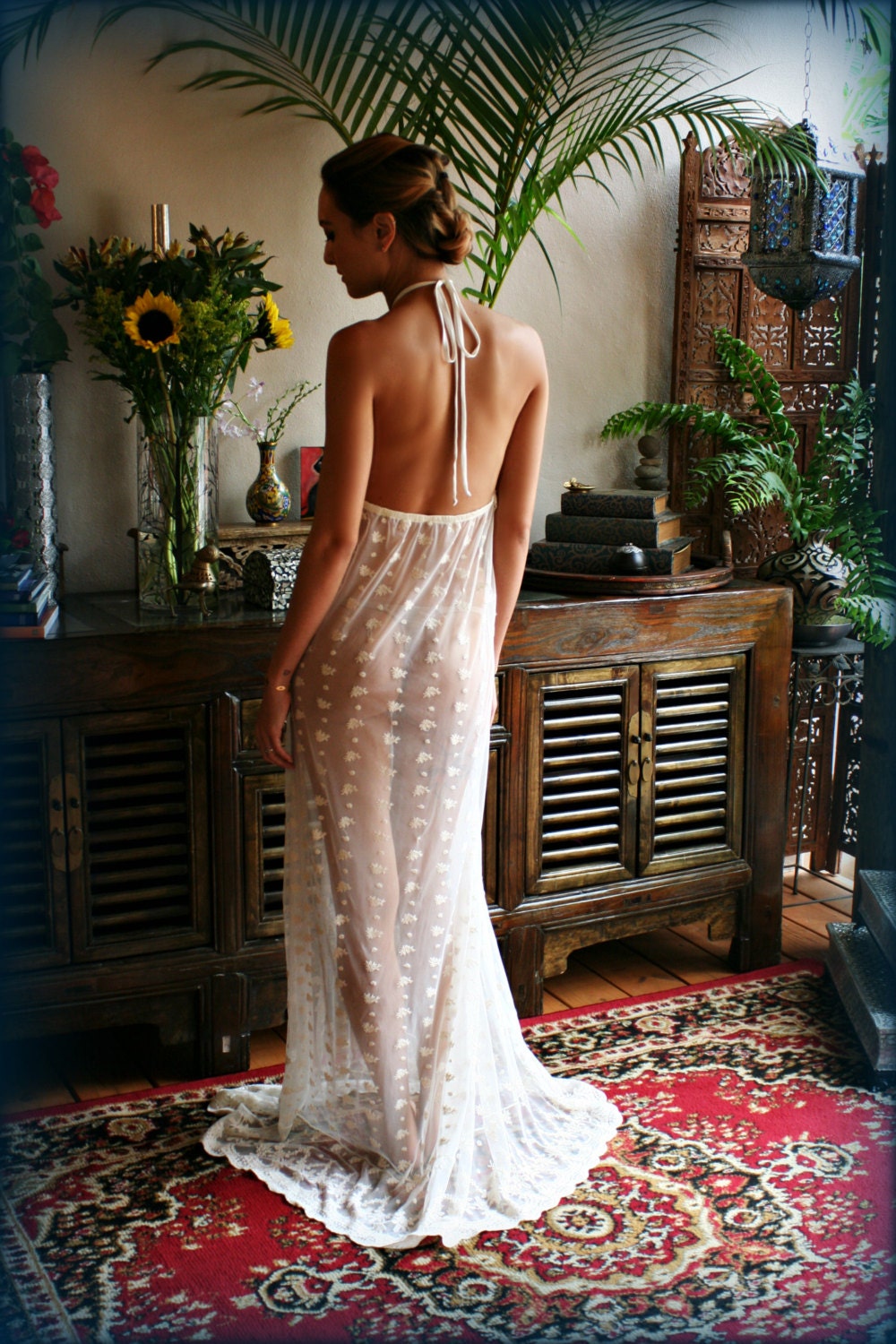 Bridal Nightgown Embroidered Lace Halter Backless Gown Wedding Sleepwear Lingerie Bridal Lingerie Honeymoon French Lace Ivory Lace