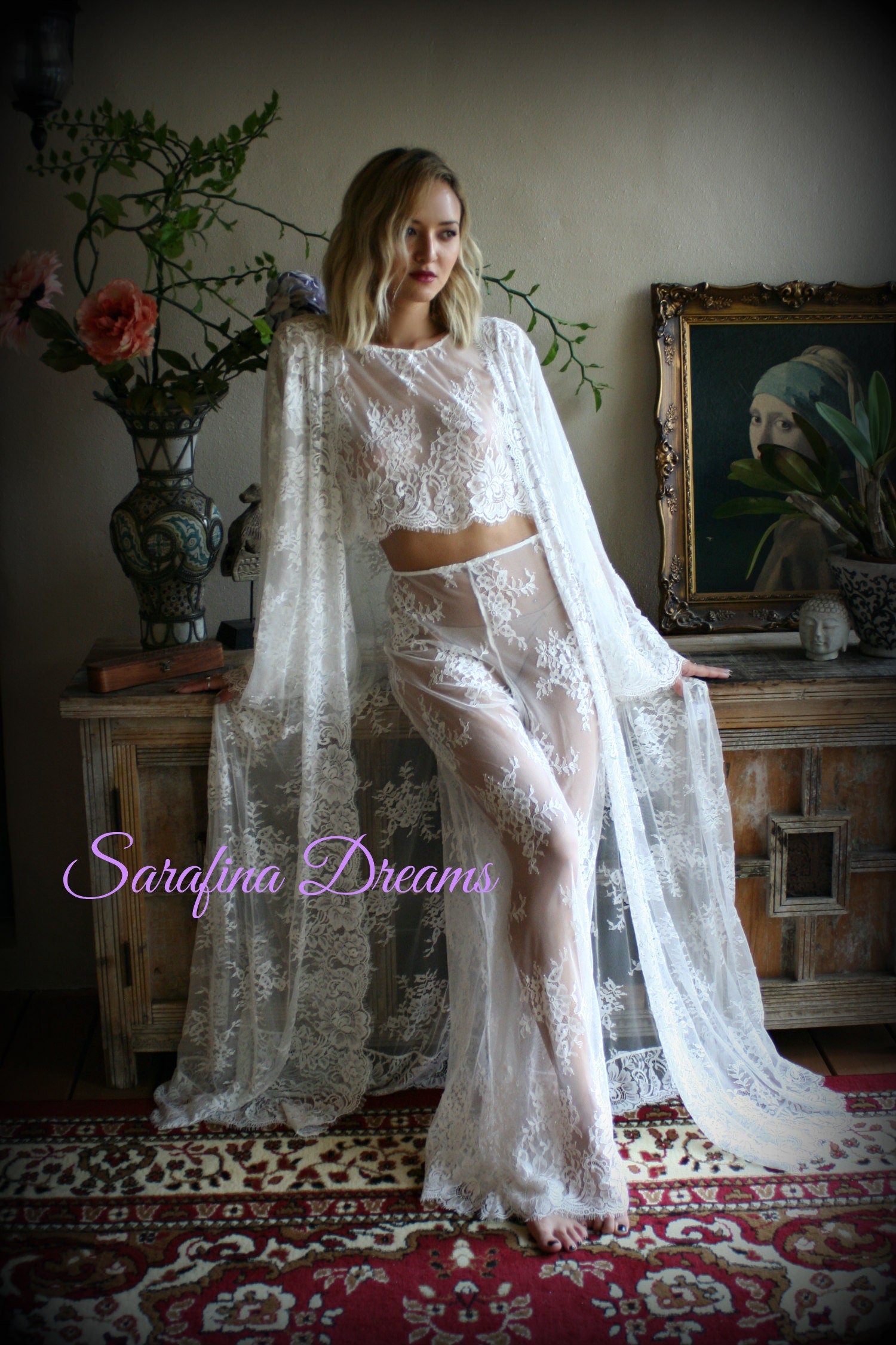 Bridal Lace Cropped Top Pajama Wedding Sleepwear Bridal Lingerie Off White Lace Lingerie Lace Lingerie Honeymoon Lingerie