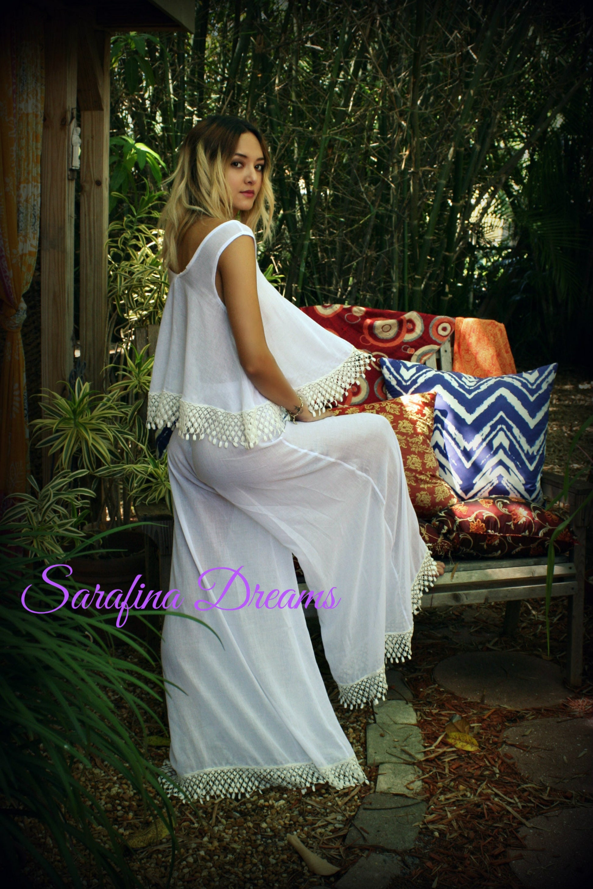 Cotton Pajama Palazzo Pant Venice Lace Swing Top Bridal Honeymoon Wedding Lingerie Bridal Lingerie Cotton Lingerie White Cotton