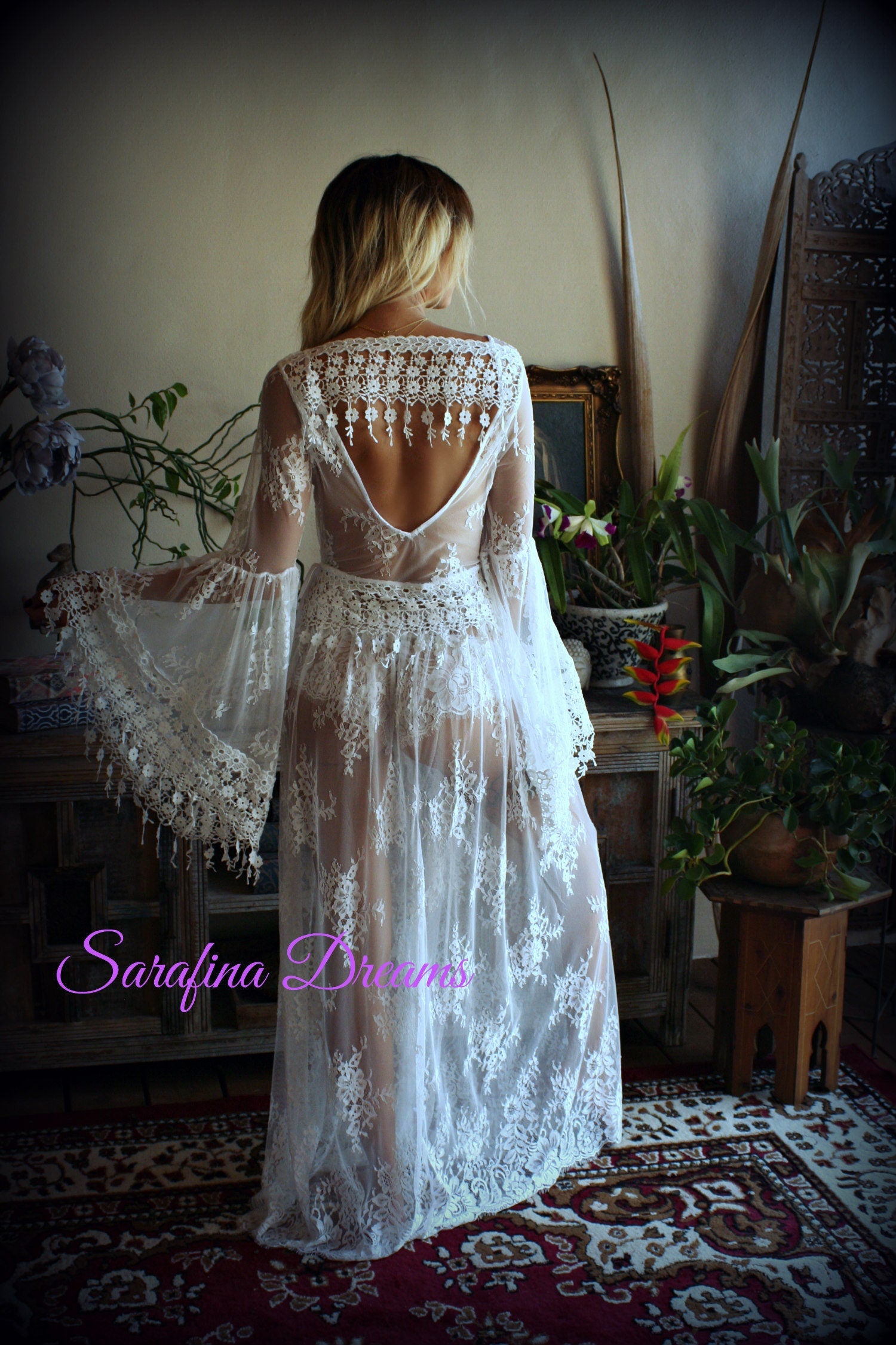 Bridal Lace Backless Robe With Panties Wedding Sleepwear Bridal Lingerie  Off White Lace Lingerie Lace Lingerie Honeymoon Lingerie