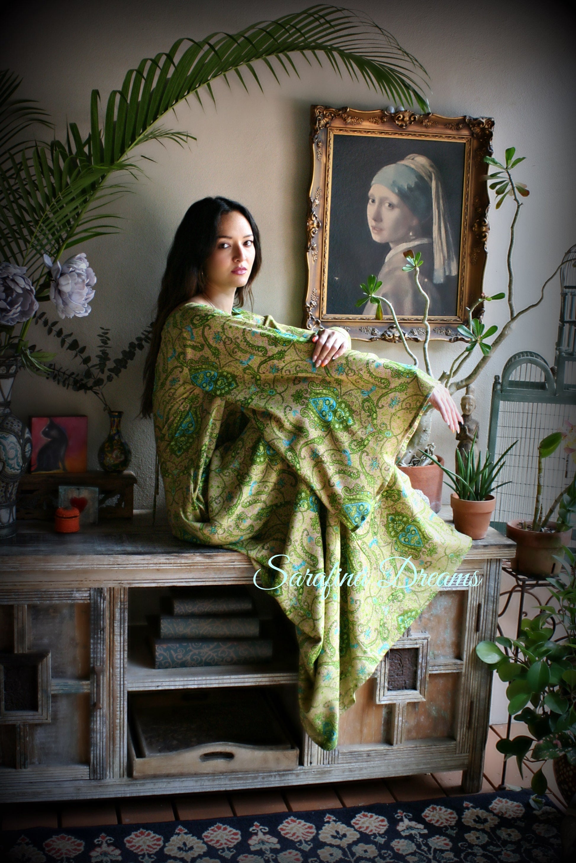 Rayon Nightgown Green Bohemian Print Caftan Sleepwear Backless Dress Nightgown Bridal Nightgown Lingerie Bridal Lingerie