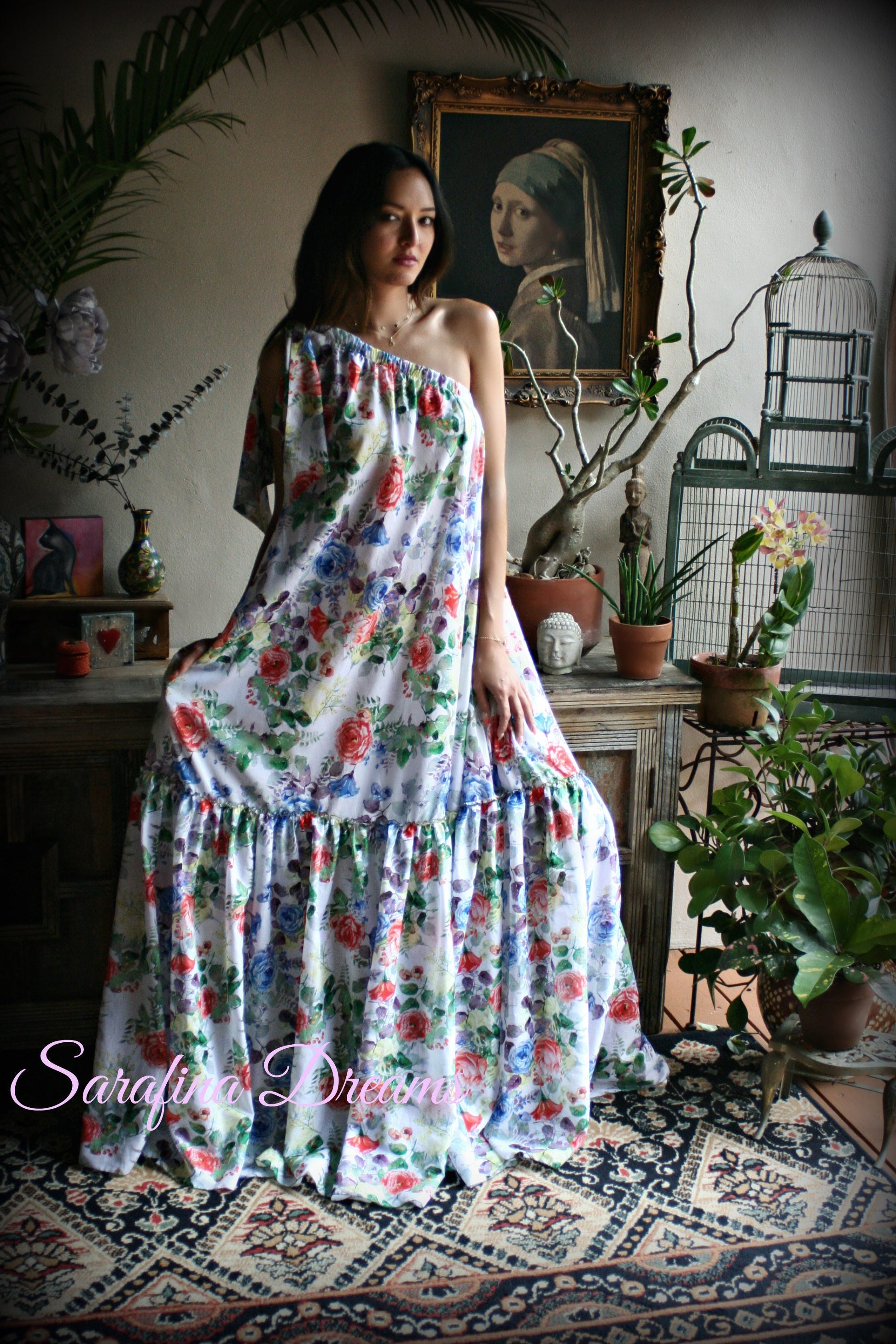 100% Cotton Flower Print One Shoulder Dress Nightgown Sleepwear Honeymoon Cruise Dress Holiday Dress Lingerie