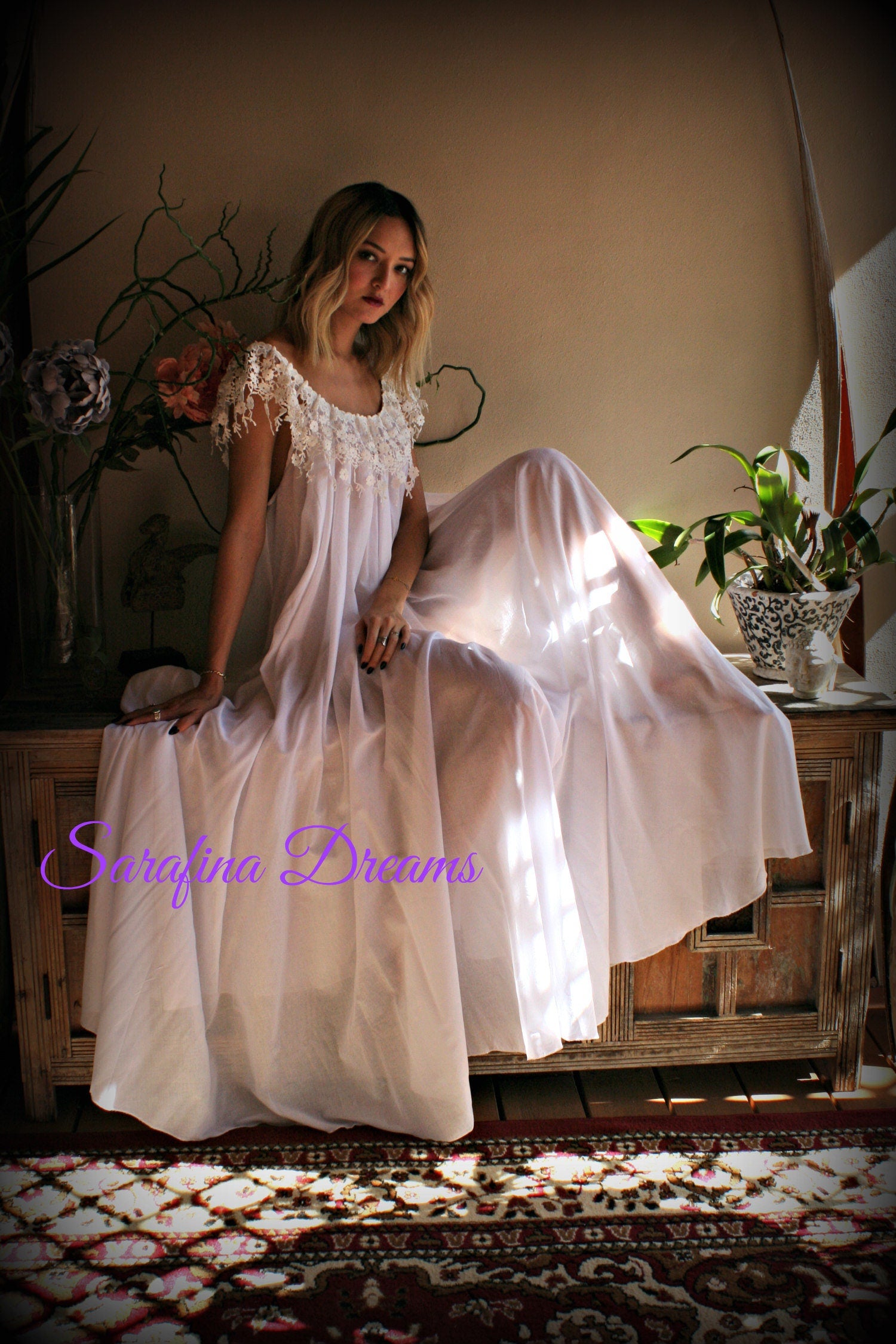 Cotton Nightgown  White Cotton Sleepwear Honeymoon Cotton Lingerie Bridal Lingerie Venice  Lace Nightgown Wedding Nightgown
