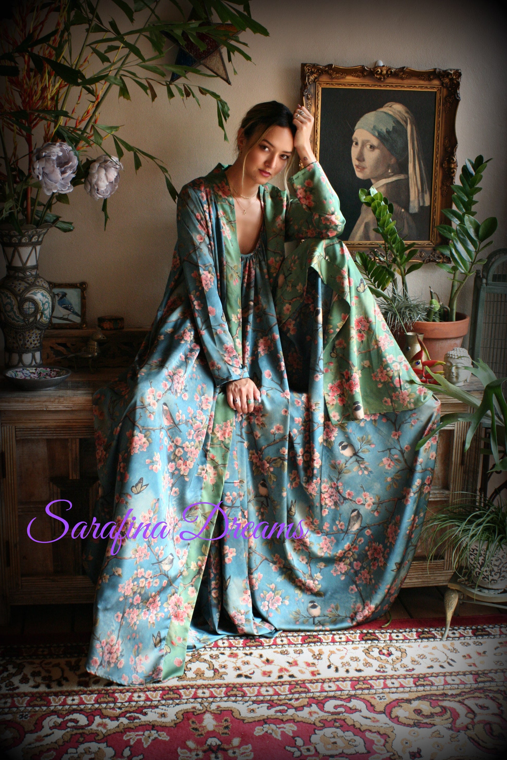 Satin Wrap Robe and Nightgown Set Bird Print Kimono Satin Lingerie Bridal Honeymoon Robe Green Blue Satin Robe Satin Bridal Lingerie SET