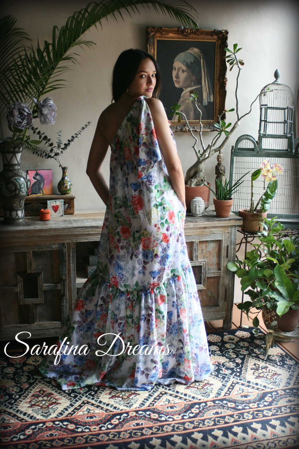 100% Cotton Flower Print One Shoulder Dress Nightgown Sleepwear Honeymoon Cruise Dress Holiday Dress Lingerie