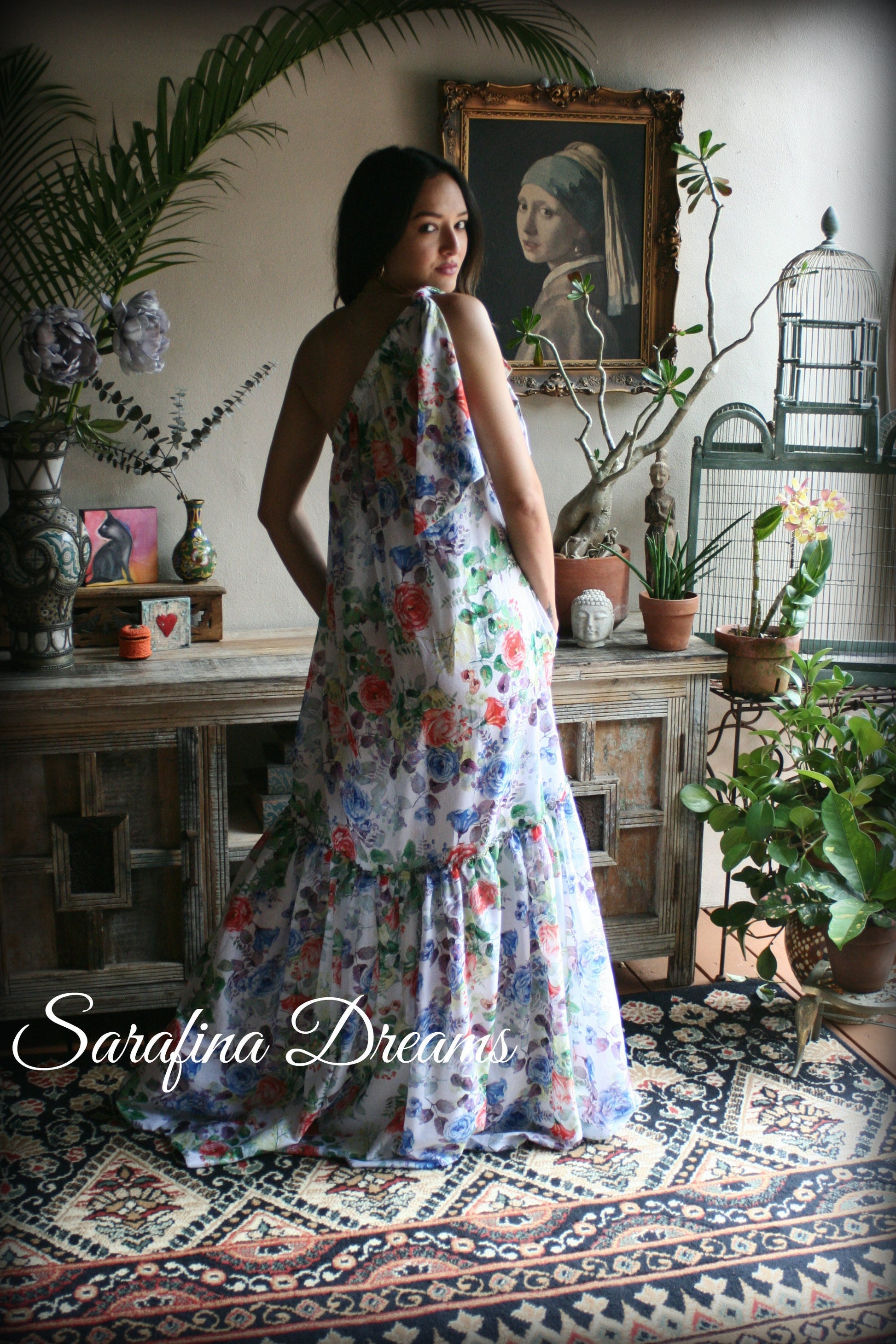 100% Cotton Flower Print One Shoulder Dress Nightgown Sleepwear Honeymoon Cruise Dress Holiday Dress Lingerie