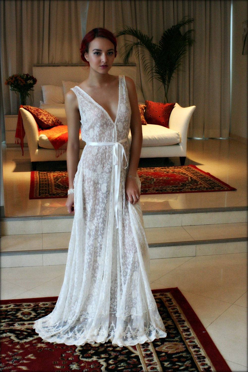 Lace Bridal Nightgown French Lace Wedding Lingerie Bridal Sleepwear Backless Wedding Sleepwear Bridal Lingerie Ivory Lace Nightgown
