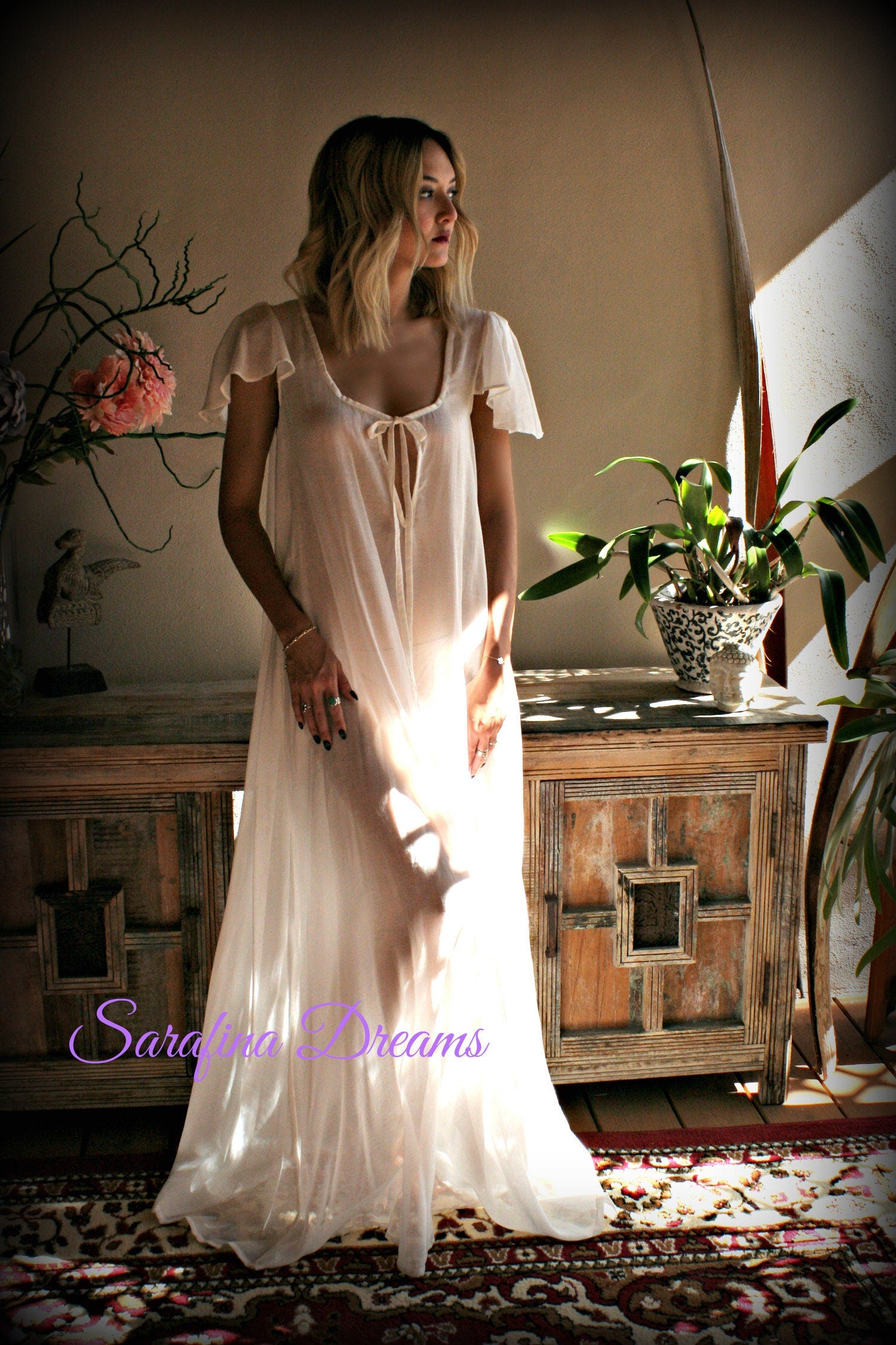 100% Cotton Nightgown Flutter Sleeve Tie Open Bodice  Lingerie Sleepwear White Nightgown Cotton Lingerie Honeymoon Cotton Sleepwear