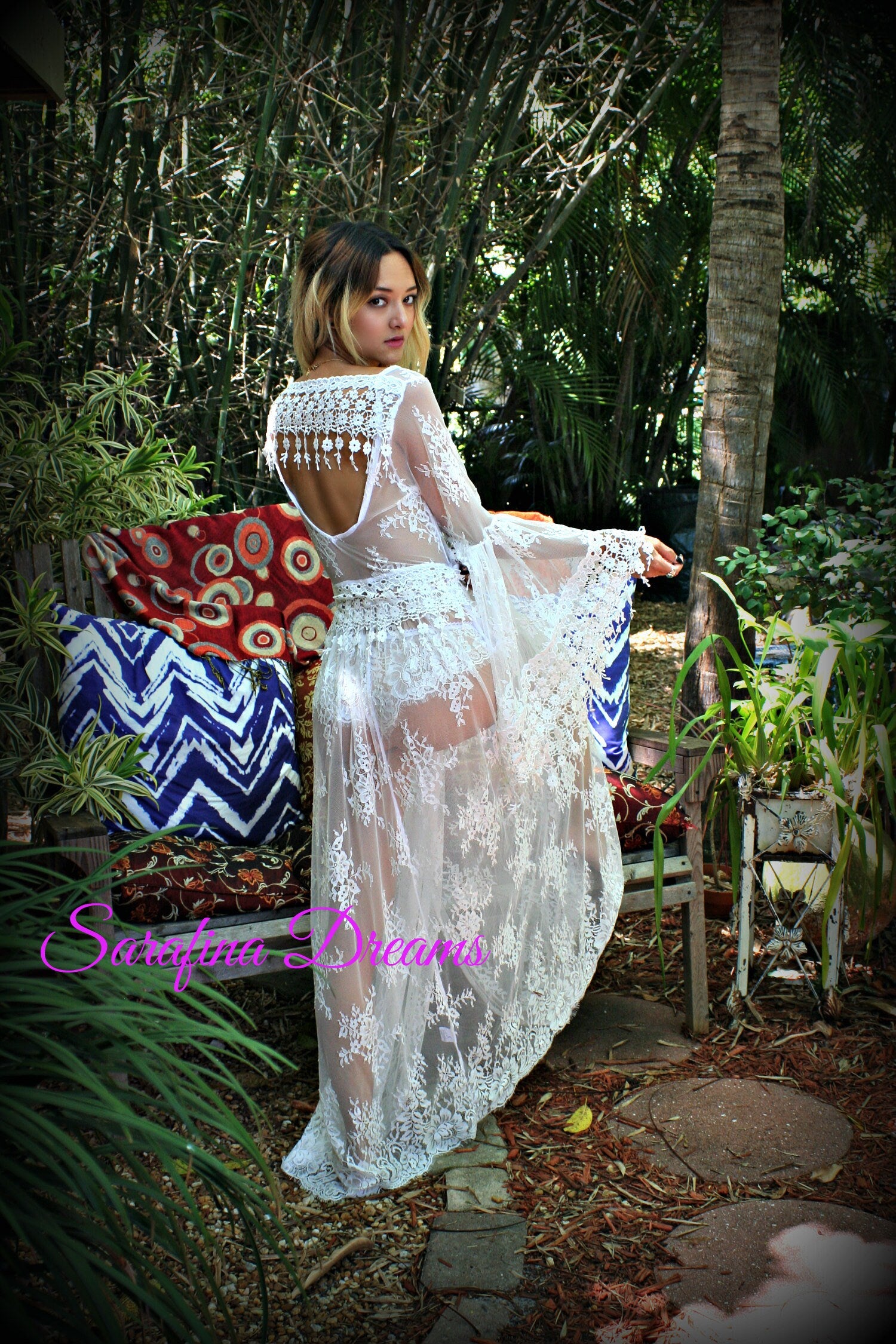 Bridal Lace Backless Robe With Panties Wedding Sleepwear Bridal Lingerie  Off White Lace Lingerie Lace Lingerie Honeymoon Lingerie