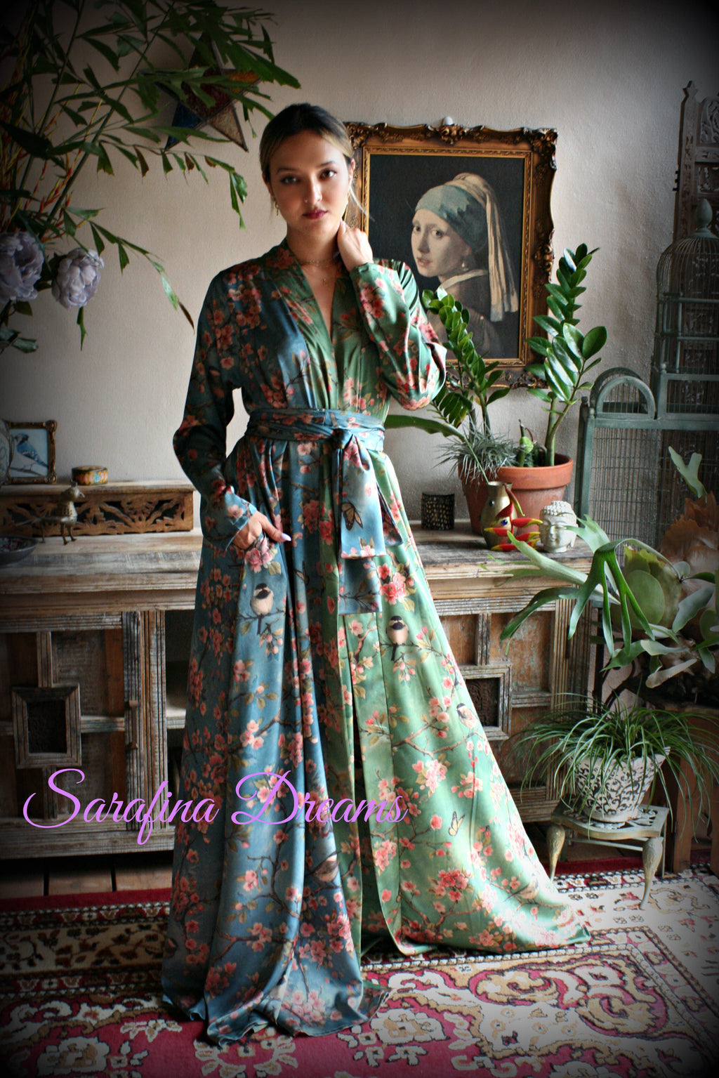 Satin Wrap Robe and Nightgown Set Bird Print Kimono Satin Lingerie Bridal Honeymoon Robe Green Blue Satin Robe Satin Bridal Lingerie SET