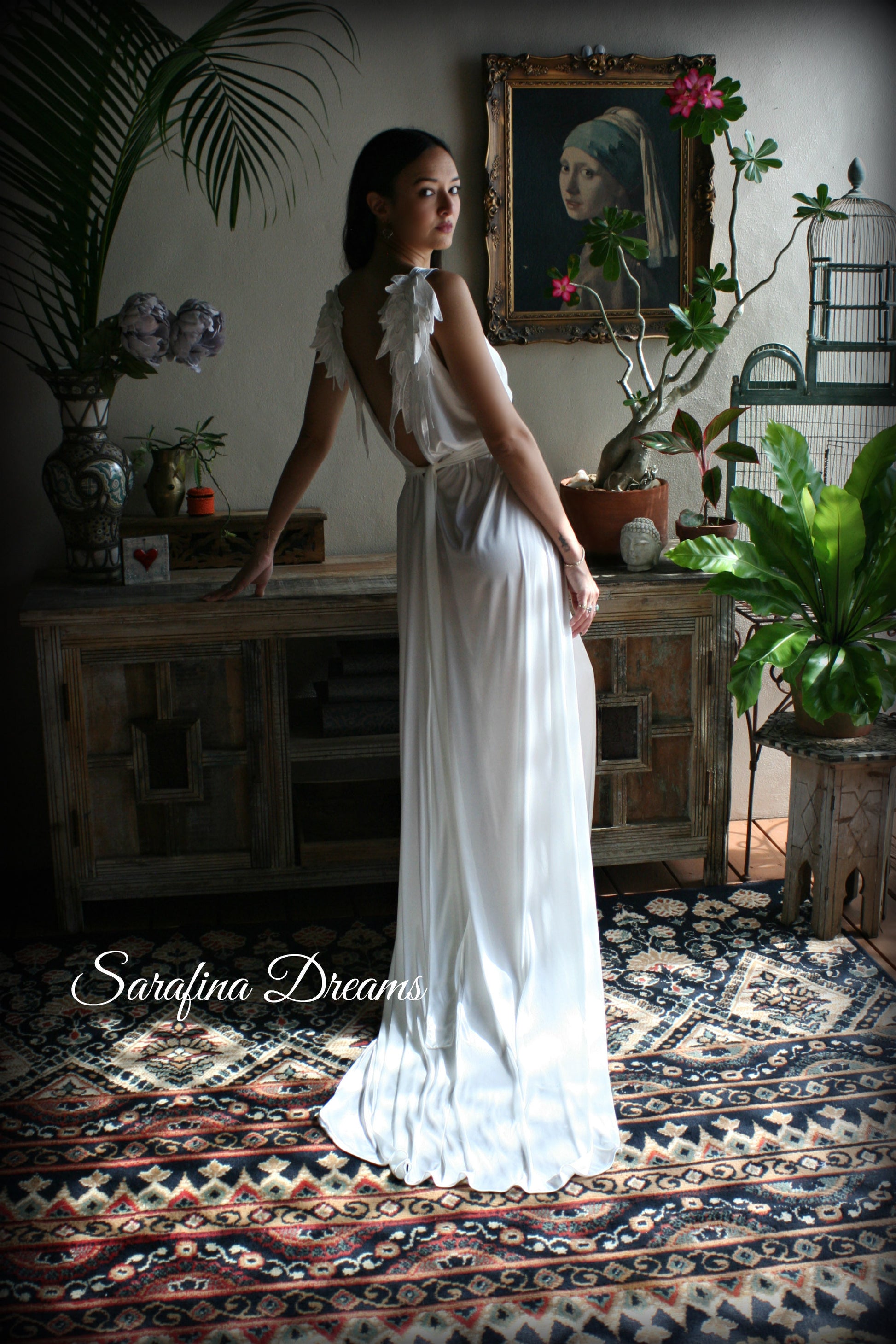 White Satin Bridal Nightgown Angel Wings Nightgown Backless Bridal Lingerie Wedding Nightgown Satin Sleepwear
