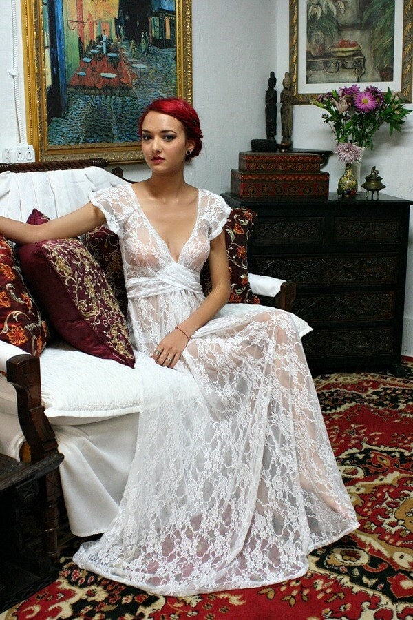 White Lace Bridal Nightgown Full Sweep Capelet Sleeve Wedding Lingerie Sleepwear Bridal Lingerie Lace Nightgown Lace Lingerie