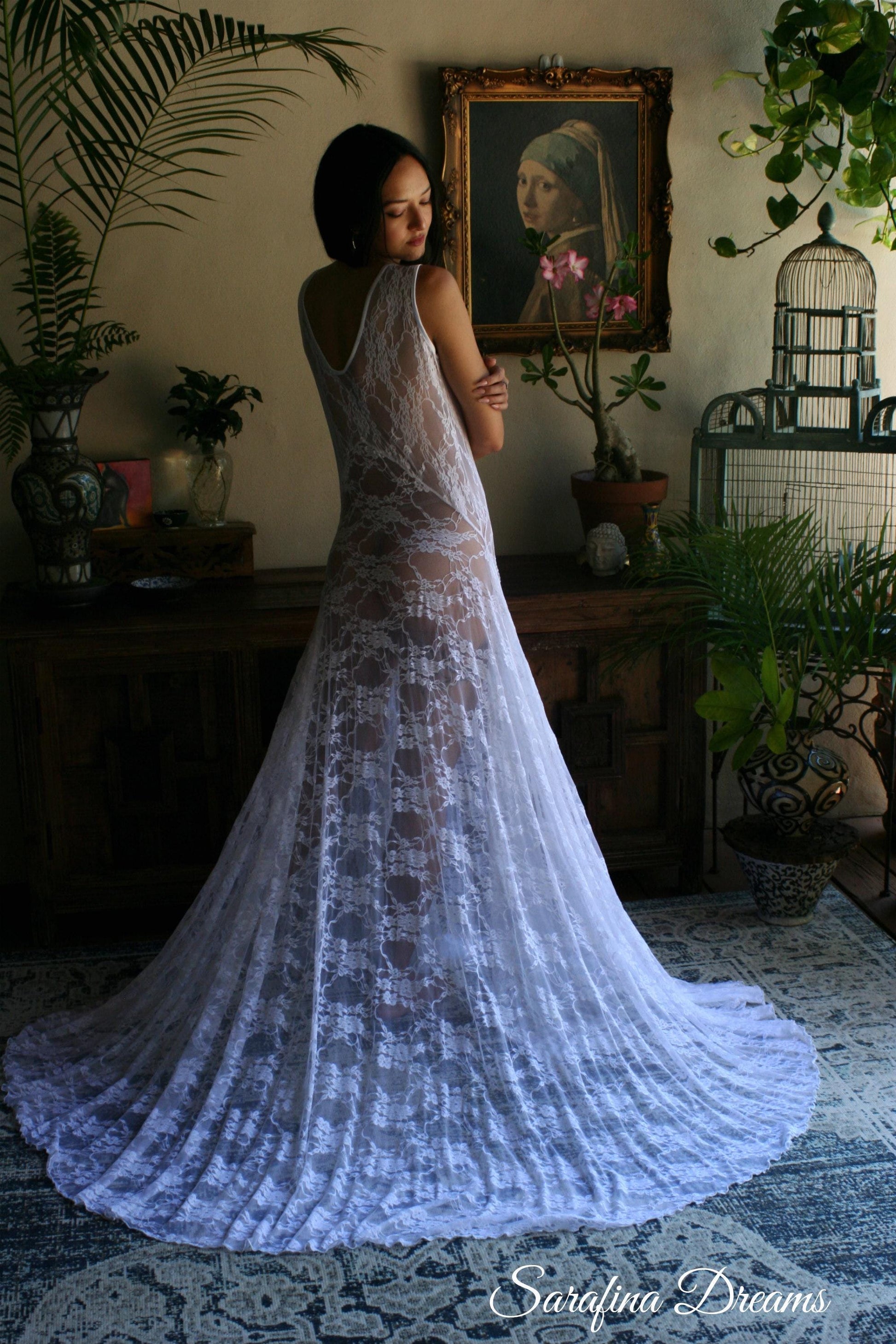 White Lace Bridal Nightgown With Train Wedding Lingerie Bridal Sleepwear Art Deco Bridal Honeymoon Trousseau Sleepwear Wedding Nightgown