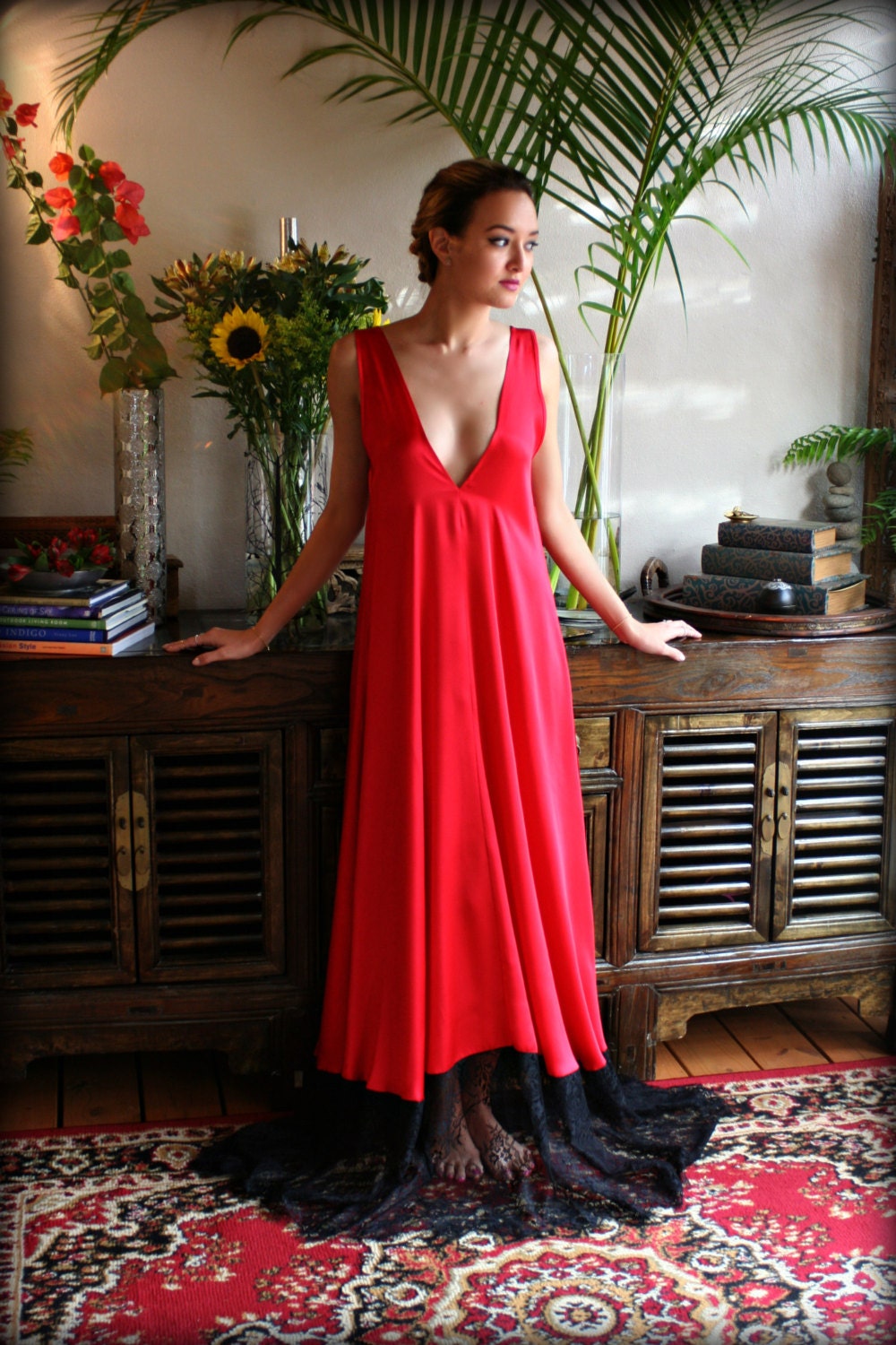 Lipstick Red Satin Nightgown Black Lace Trim Red Lingerie Red Sleepwear