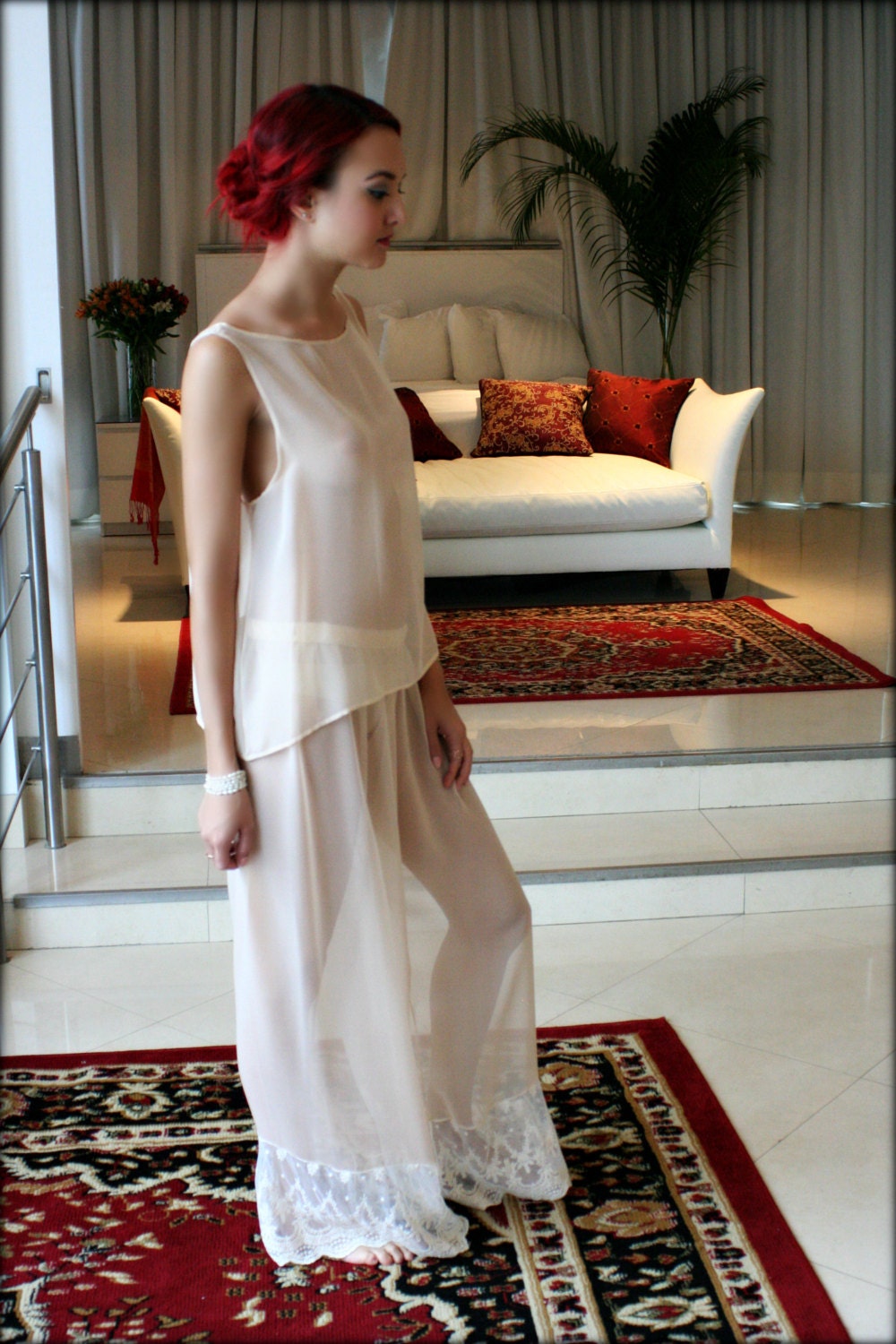 Silk Pajamas Champagne Chiffon Bridal Lingerie Versailles French Lace Wedding Lingerie Bridal Sleepwear Silk Sleepwear Silk Lingerie