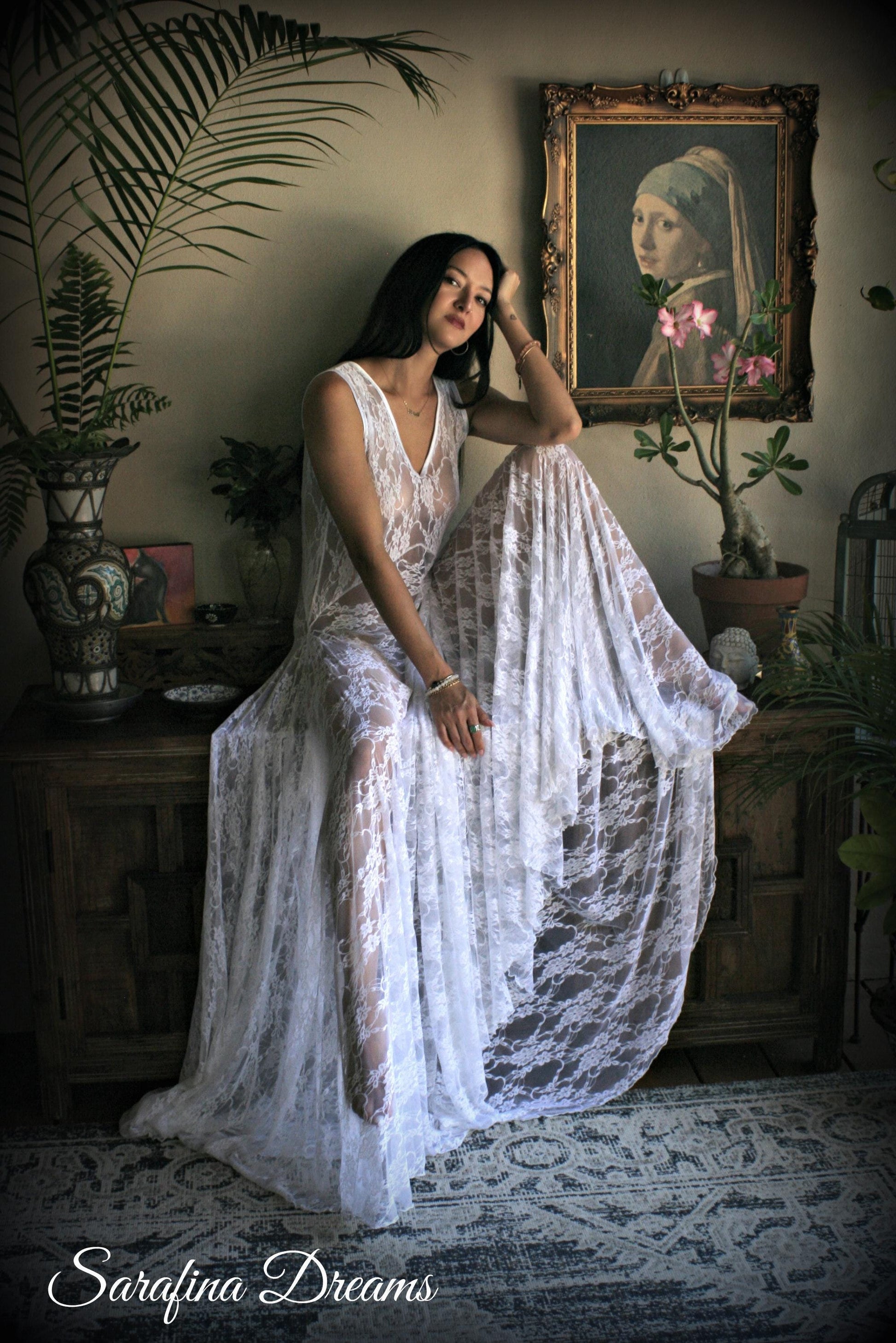 White Lace Bridal Nightgown With Train Wedding Lingerie Bridal Sleepwear Art Deco Bridal Honeymoon Trousseau Sleepwear Wedding Nightgown