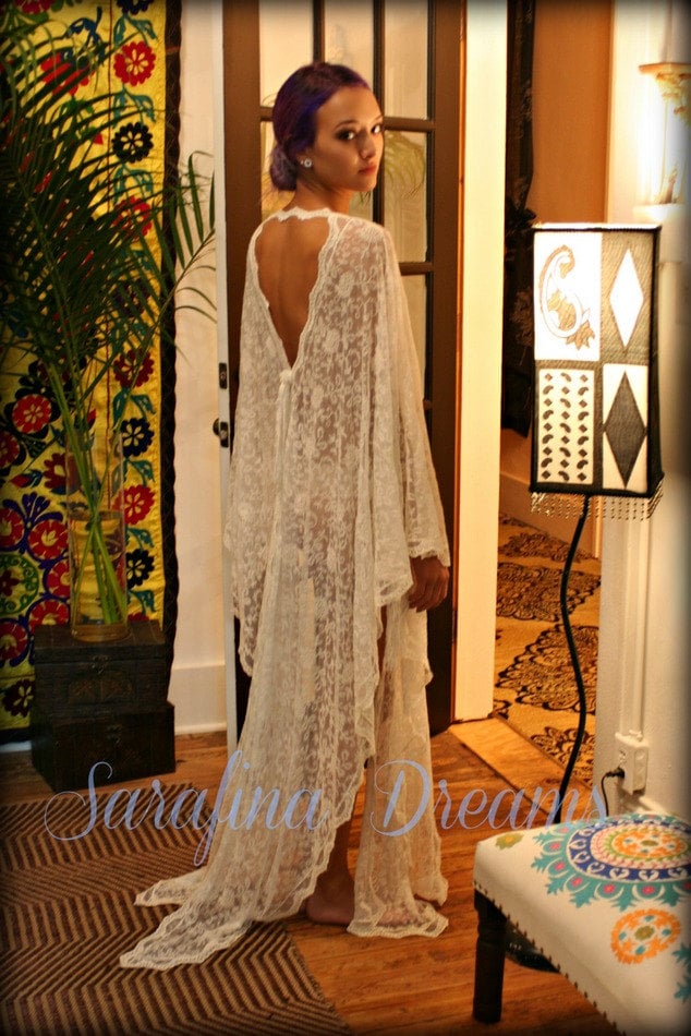 Exclusive Embroidered French Lace Bridal Robe Nightgown Wedding Sleepwear Ivorey Bridal Lingerie Bridal Robe Paris Chic Runway Collection
