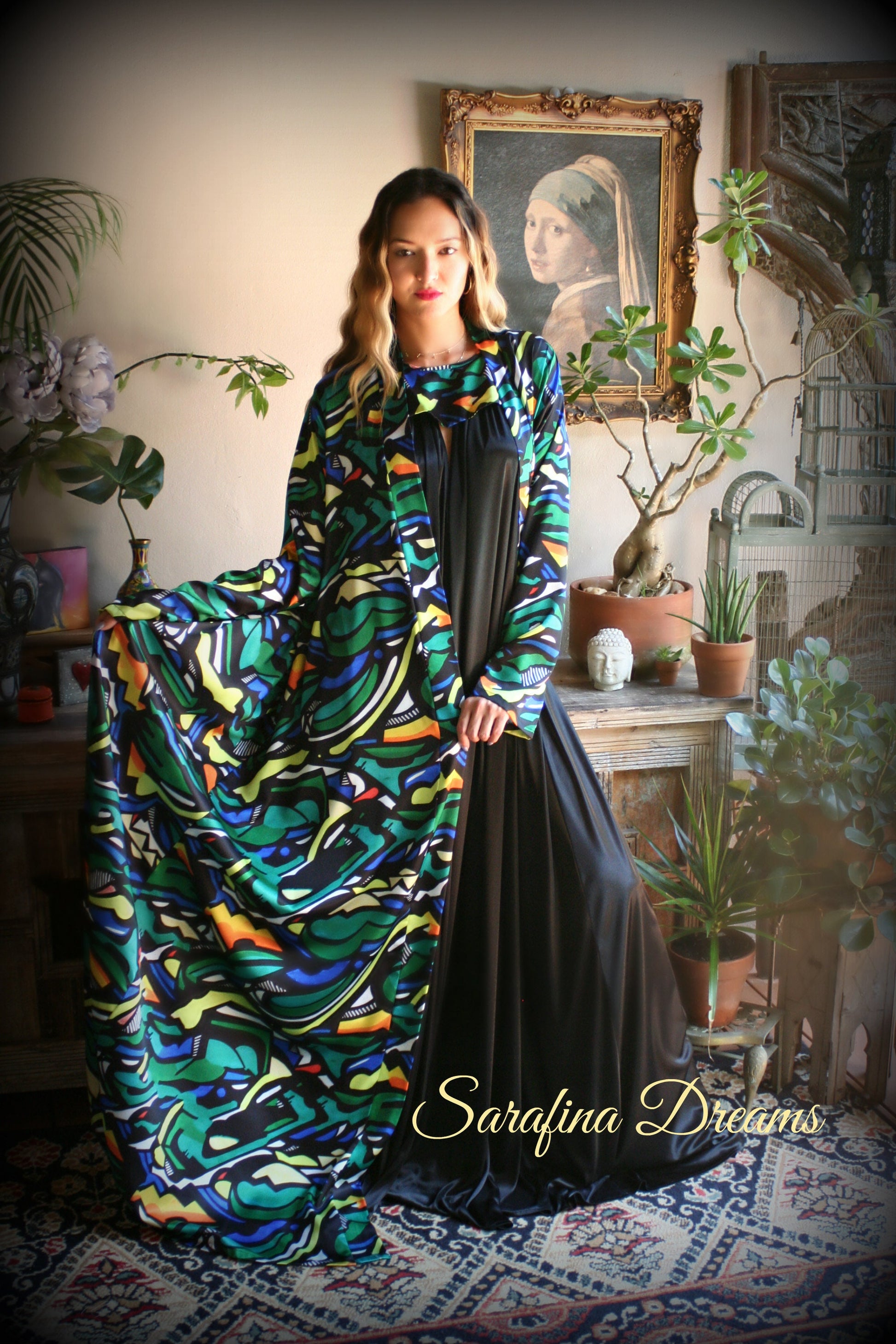 Limited Edition Sha Savage Art Abstract Print Satin Kimono Robe Satin Lingerie Satin Robe abstract Art Sleepwear