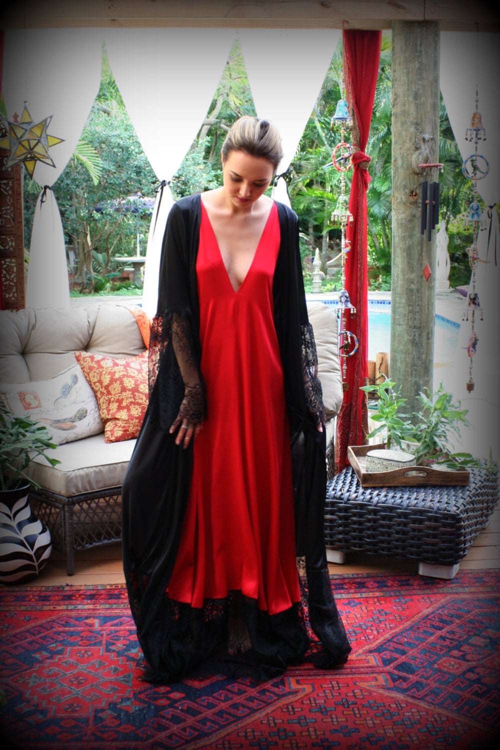 Black Satin Robe Wide Lace Trim Valentines Day Lingerie Black Sleepwear Red Lingerie