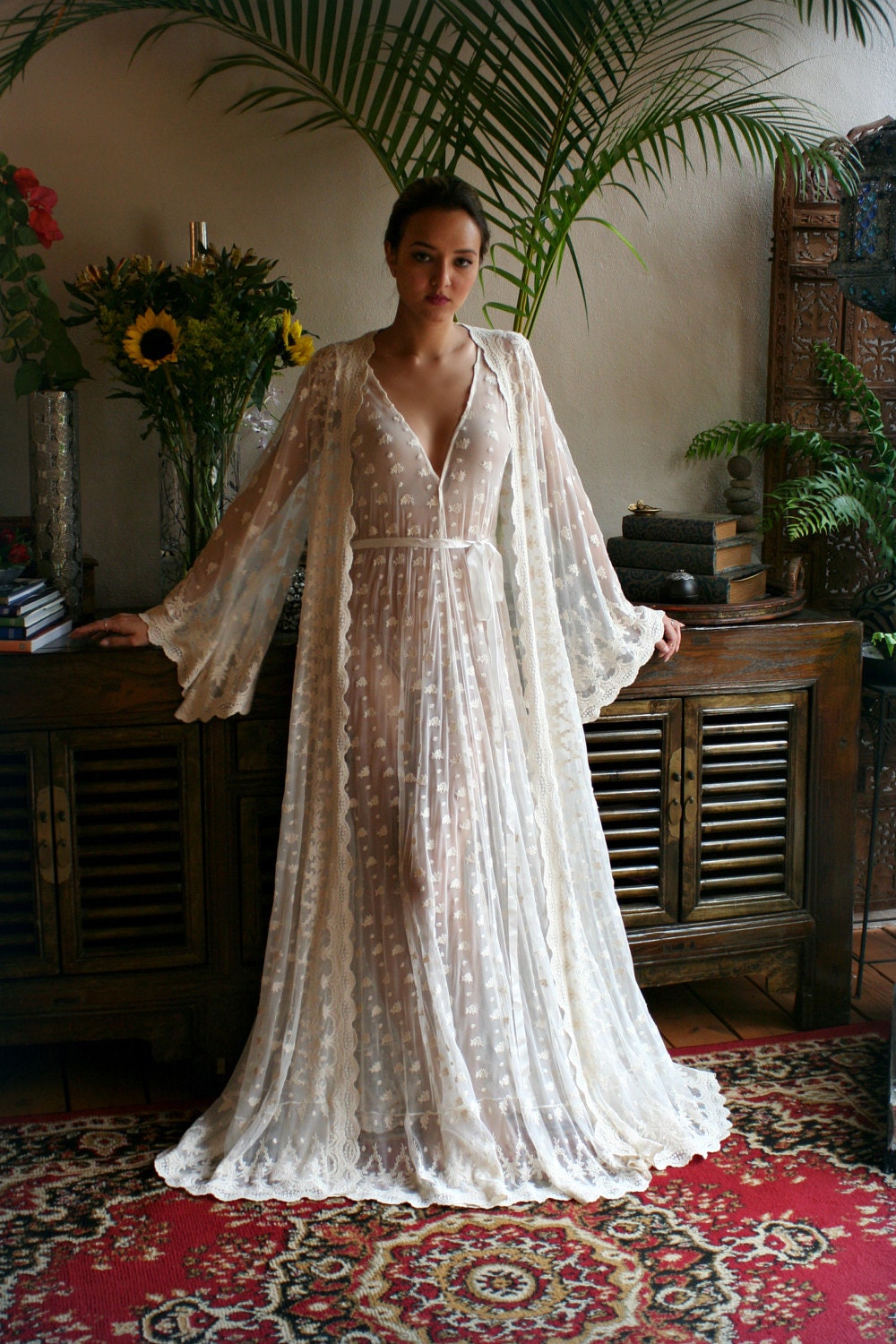 Embroidered Mesh Lace Nightgown Bridal Lingerie WeddingArt Deco Sleepwear Bridal Nightgown Ivory Lace Honeymoon Trousseau Lingerie
