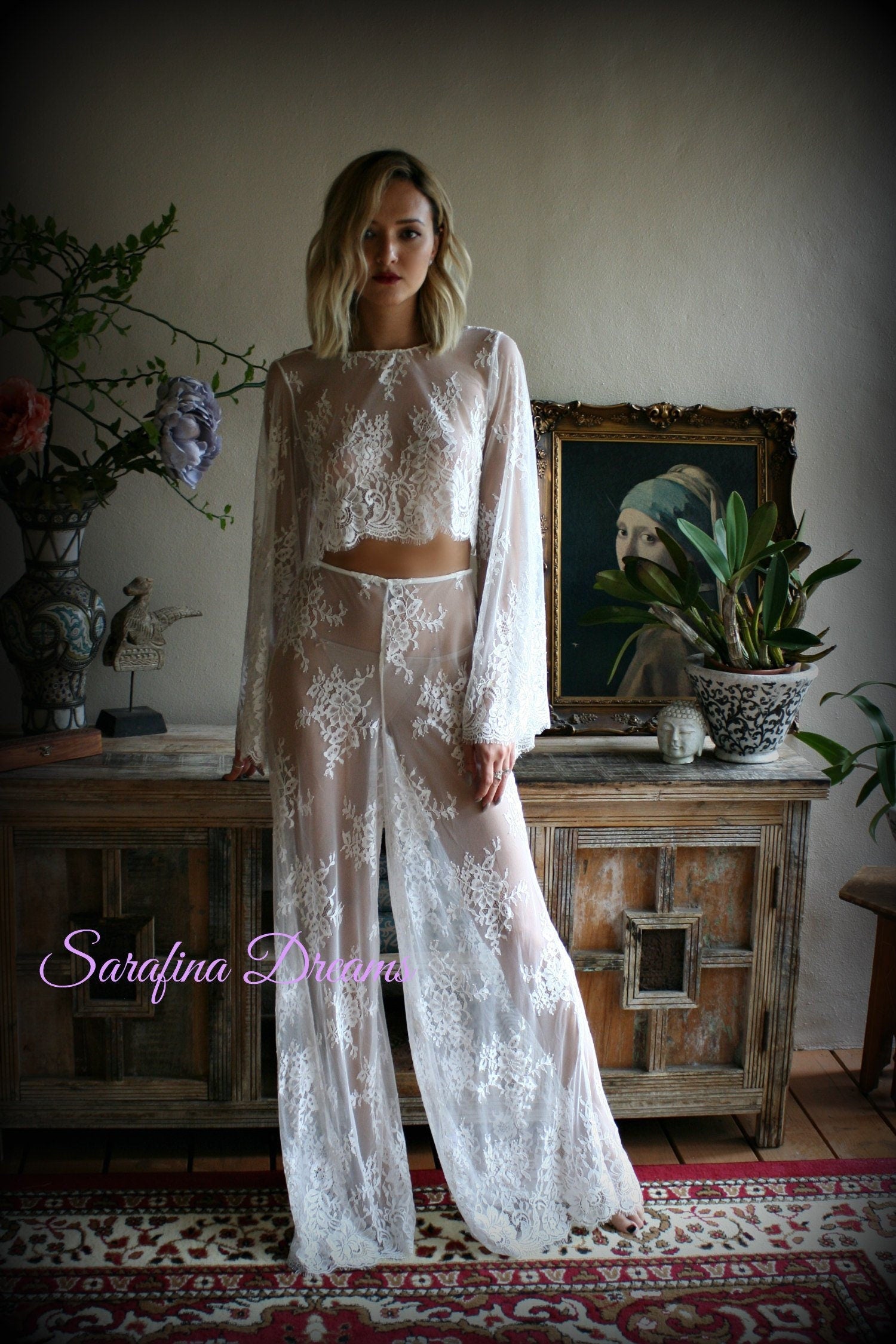 Bridal Lace Cropped Top Pajama Wedding Sleepwear Bridal Lingerie Off White Lace Lingerie Lace Lingerie Honeymoon Lingerie