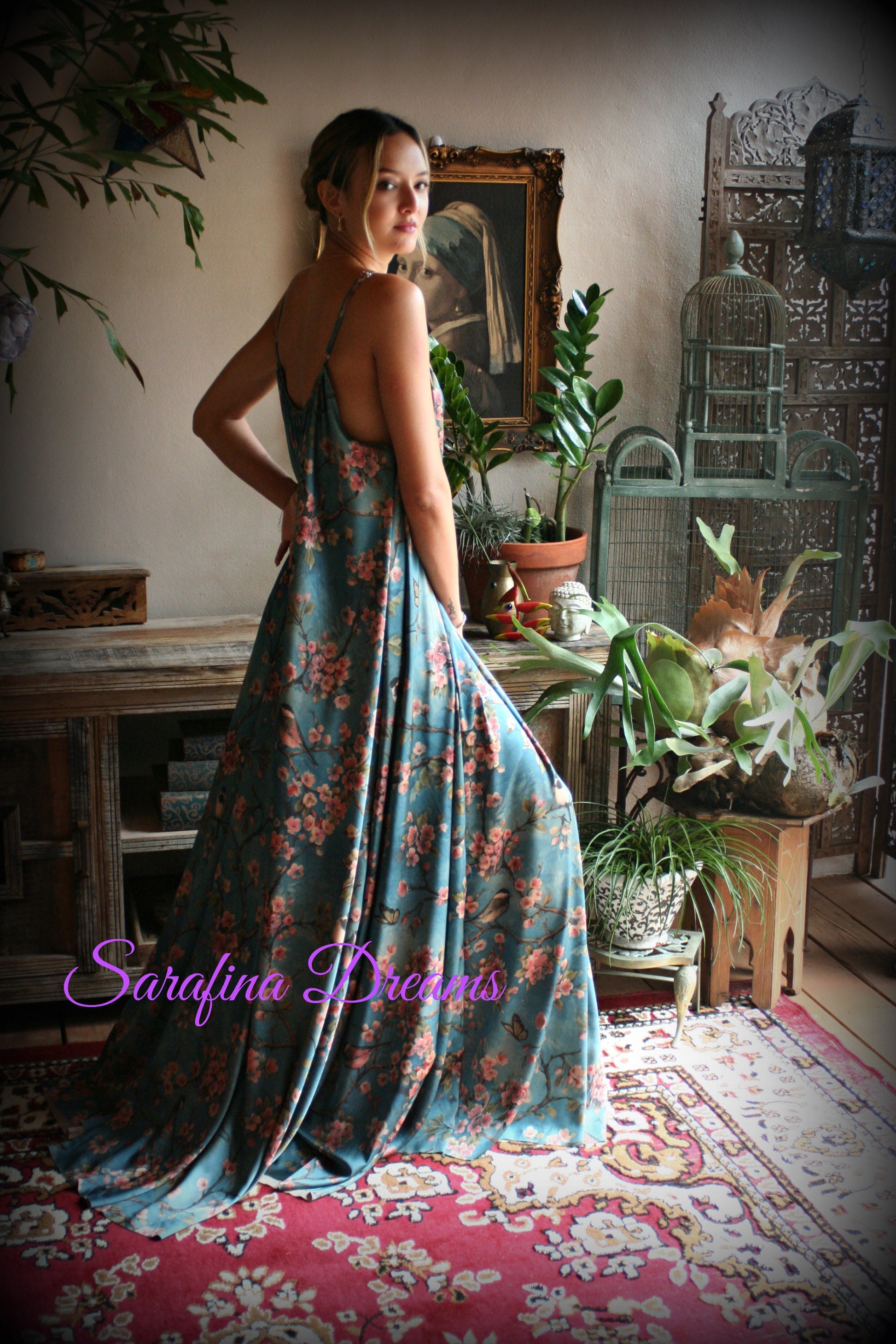 Satin Bridal Nightgown Bird Print Bohemian Chic Satin Lingerie Satin Bridal Honeymoon Sleepwear Green Satin Nightgown Bridal Lingerie