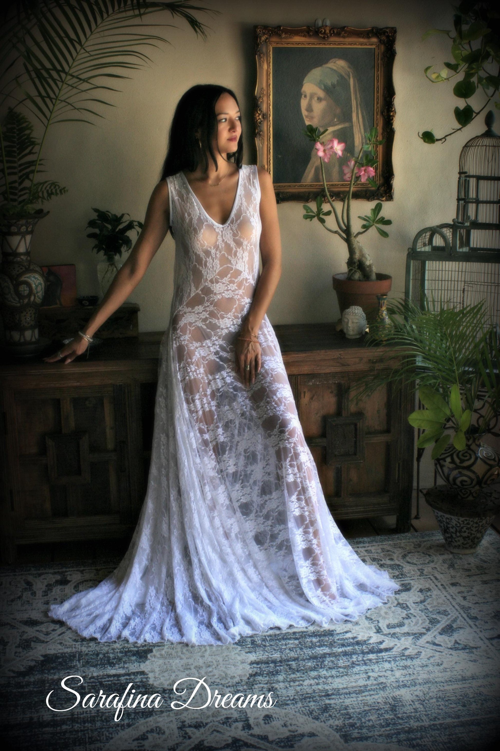 White Lace Bridal Nightgown With Train Wedding Lingerie Bridal Sleepwear Art Deco Bridal Honeymoon Trousseau Sleepwear Wedding Nightgown