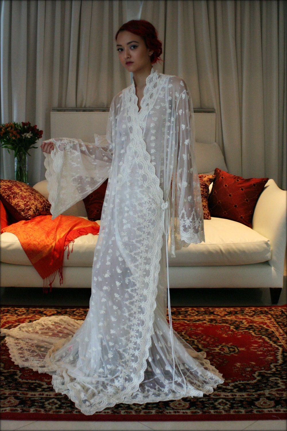 Embroidered Lace Bridal Robe French Lace Wedding Robe Bridal Lingerie Wedding Sleepwear Art Deco Lace Robe Wedding Trousseau Honeymoon Robe