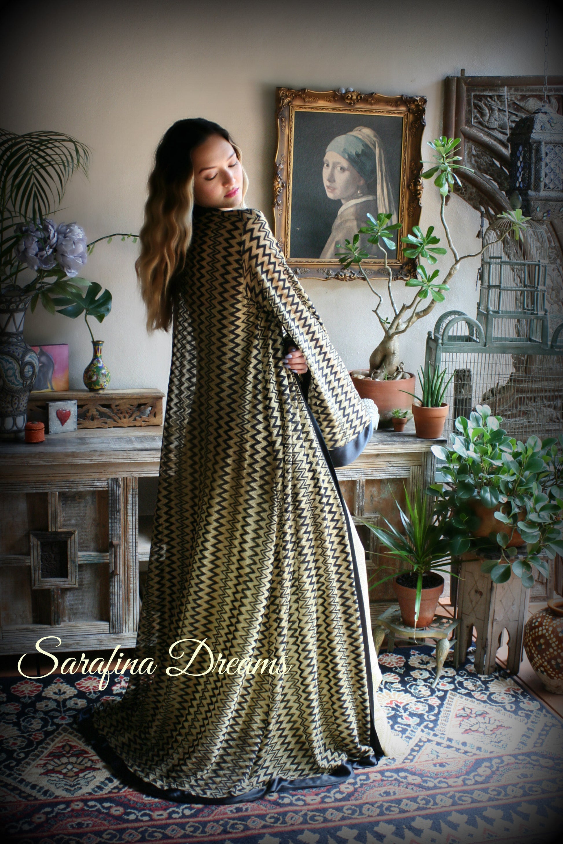 Black Gold Metallic Kimono Robe Black Satin Banded Missoni Style Knit Wrap Lingerie Robe Sleepwear