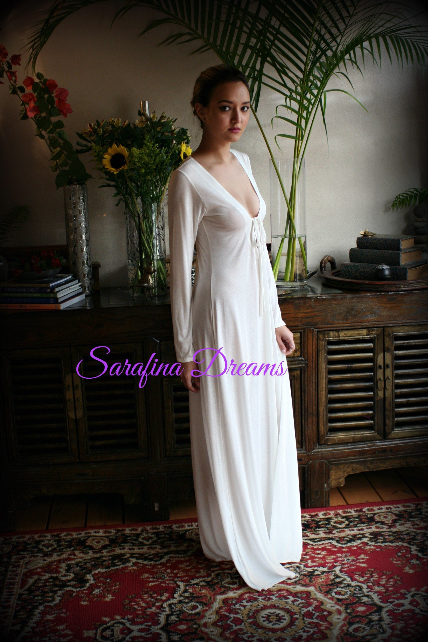 Ivory Silk Knit T Shirt Nightgown Silk Sleep Shirt Lingerie  Sleepwear Bridal Lingerie Wedding Nightgown Long Sleeve Nightgown