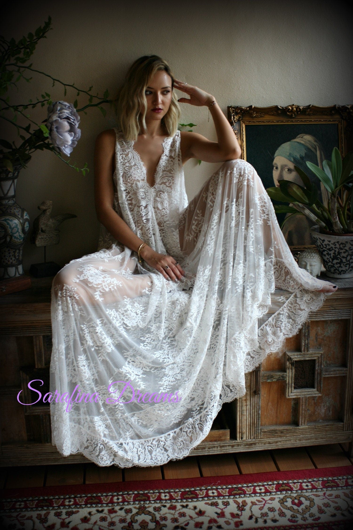 Bridal Lace Backless Nightgown Wedding Sleepwear Bridal Lingerie  Off White Lace Lingerie Lace Sleepwear Honeymoon Lingerie