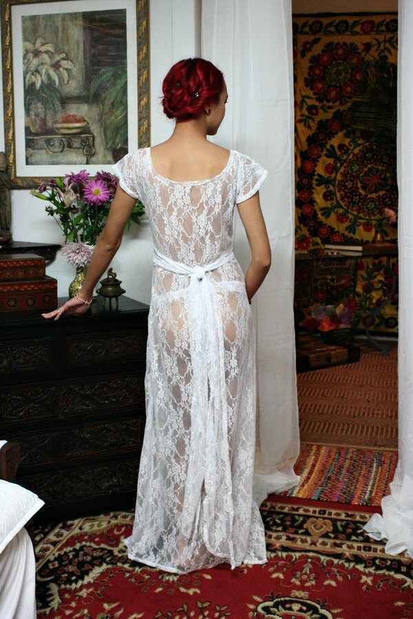 White Lace Bridal Nightgown Full Sweep Capelet Sleeve Wedding Lingerie Sleepwear Bridal Lingerie Lace Nightgown Lace Lingerie