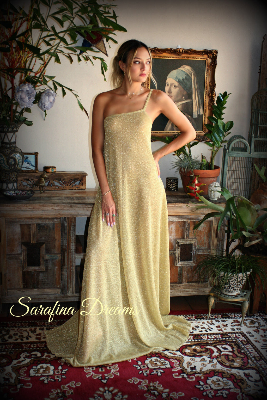 Gold Lame' One Shoulder Nightgown Gold Knit Sleepwear Off Shoulder Lingerie Bridal Sleepwear Bridal Lingerie