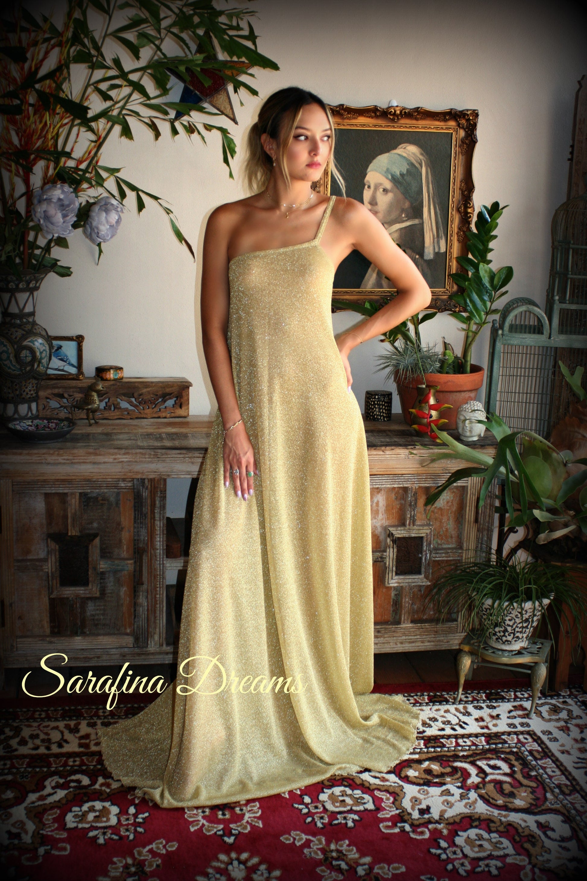 Gold Lame' One Shoulder Nightgown Gold Knit Sleepwear Off Shoulder Lingerie Bridal Sleepwear Bridal Lingerie