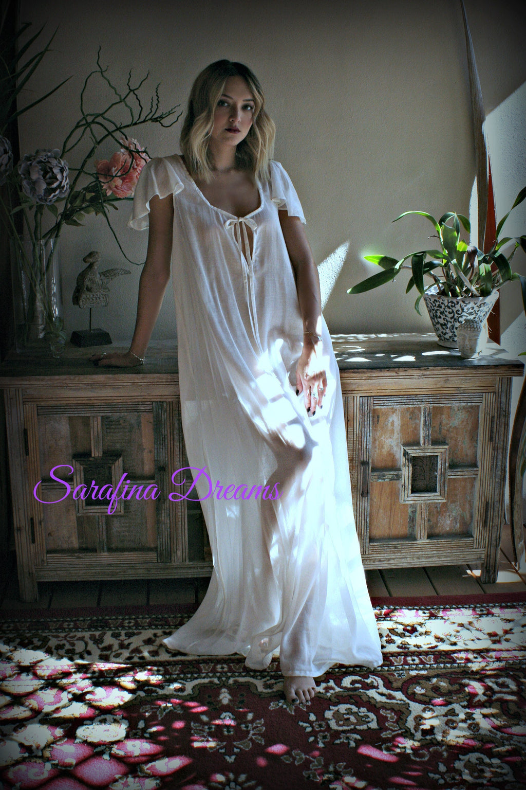 100% Cotton Nightgown Flutter Sleeve Tie Open Bodice  Lingerie Sleepwear White Nightgown Cotton Lingerie Honeymoon Cotton Sleepwear