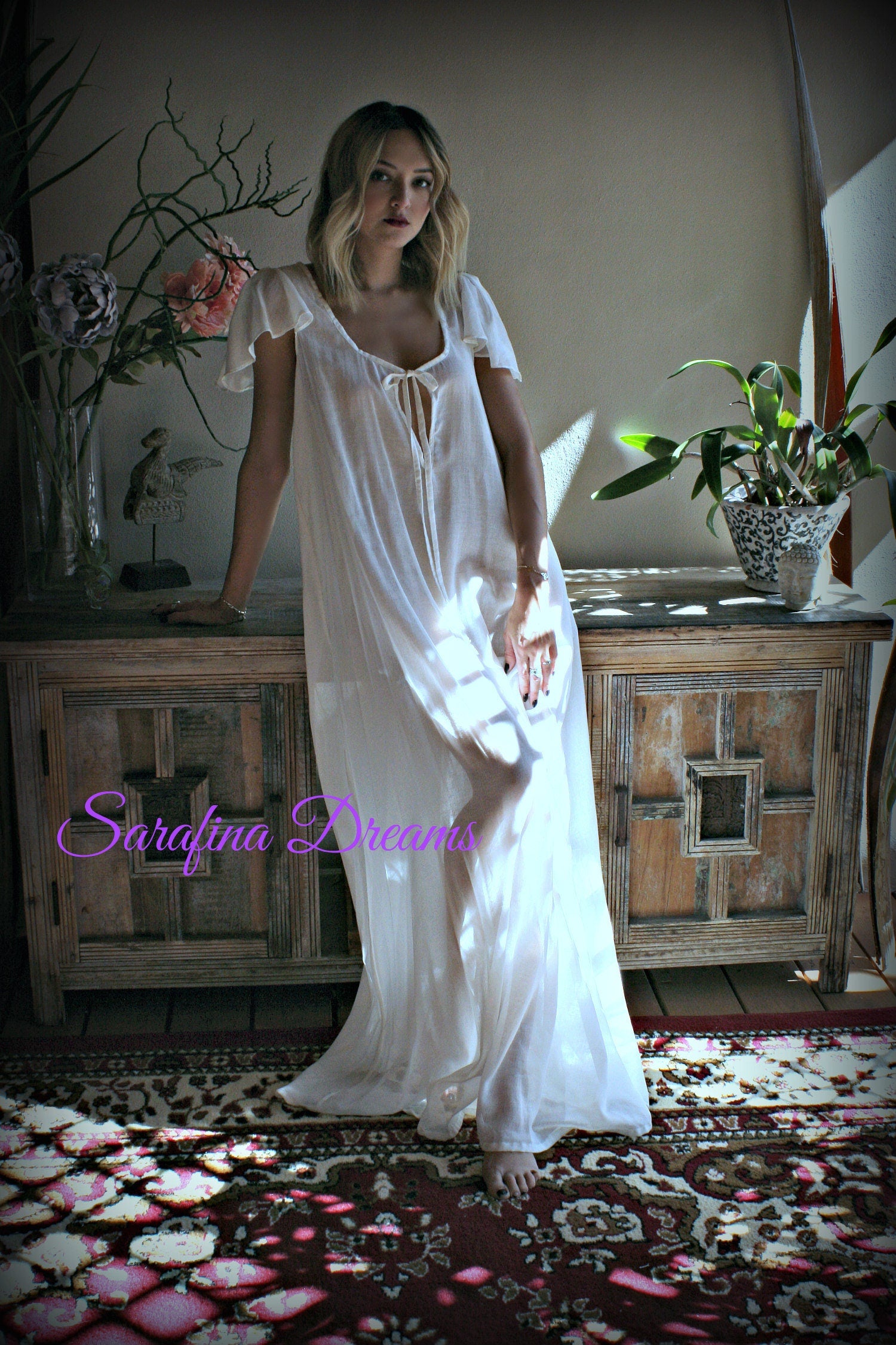 100% Cotton Nightgown Flutter Sleeve Tie Open Bodice  Lingerie Sleepwear White Nightgown Cotton Lingerie Honeymoon Cotton Sleepwear