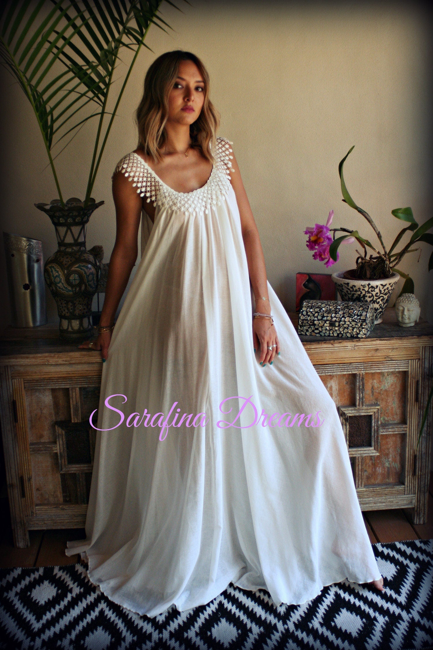 Cotton Nightgown White Cotton Sleepwear Honeymoon Cotton Lingerie Bridal Lingerie Venice  Lace Nightgown Wedding Nightgown