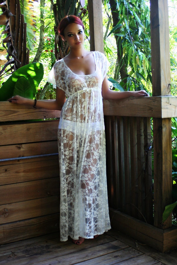 Sheer Lace Bridal Nightgown Lingerie Wedding Trousseau Ivory Lace White Lace Empire Bodice Honeymoon Sleepwear